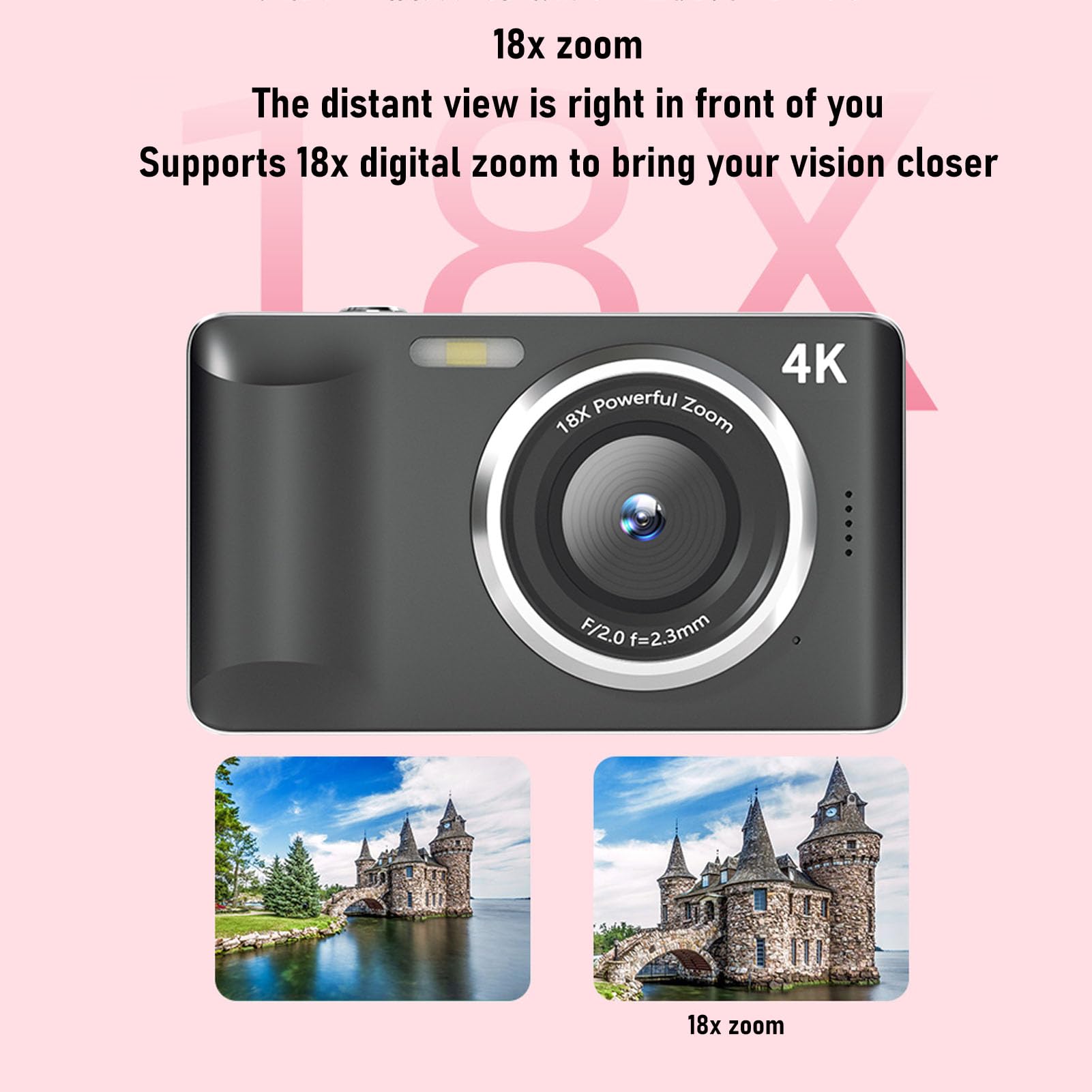 Annadue Camera Digitale 4K, Fotocamera Volg da 64 MP con Zoom 18x, Schermo LCD da 2,8 ", Autofocus & Flash, Batteria da 1200 MAh, Supporta 256 GB, per la Fotografia di Viaggio (grigio scuro)