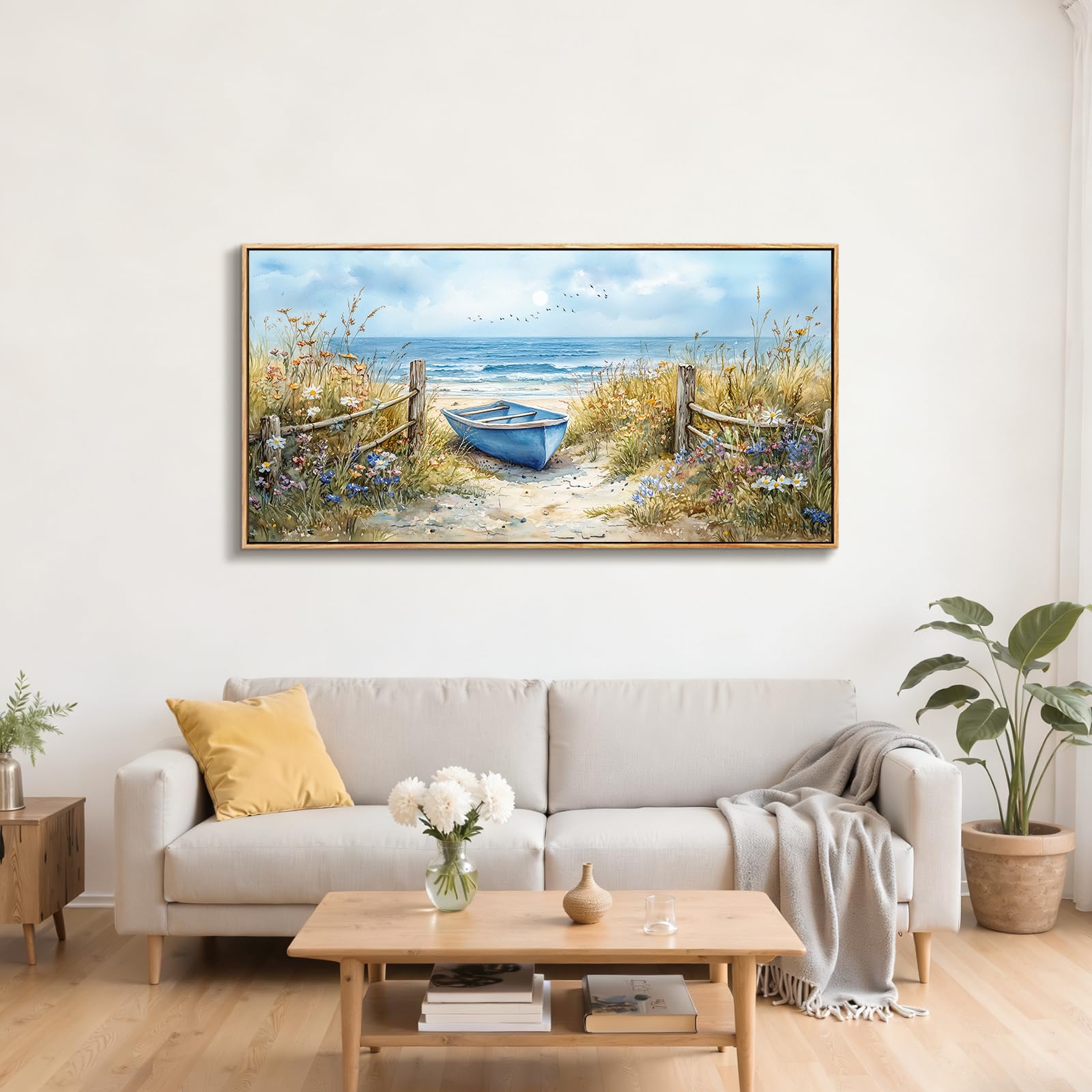 JHHUAMO Strandboot Bilder mit Rahmen Schlafzimmer Wohnzimmer 73x146 cm | Küstenwildblumen Wandbild, Hochauflösender Druck, Exquisite Handwerkskunst, Einfaches Aufhängen, Vielseitig Einsetzbar