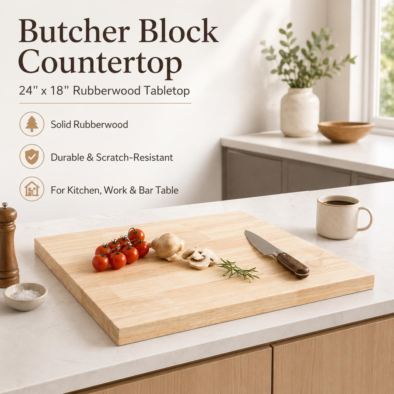 Amazon.com: Kreiaoer Butcher Block Countertop 24''x 18'', Rectangular  Rubberwood Butcher Block Standard Countertop for Kitchen, Work, Coffee, Bar  Table (24 x 18 x 1.5 inches) : Home & Kitchen