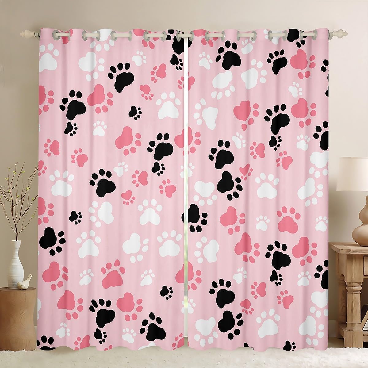 Feelyou Dog Paw Curtains for Bedroom Living Room Kids Boys Girls Kawaii Dog Blackout Curtains (2 Panels, 38 x 45 Inch) Dog Animals Print Darkening Dreapes Decor Pink White Black Window Treatments