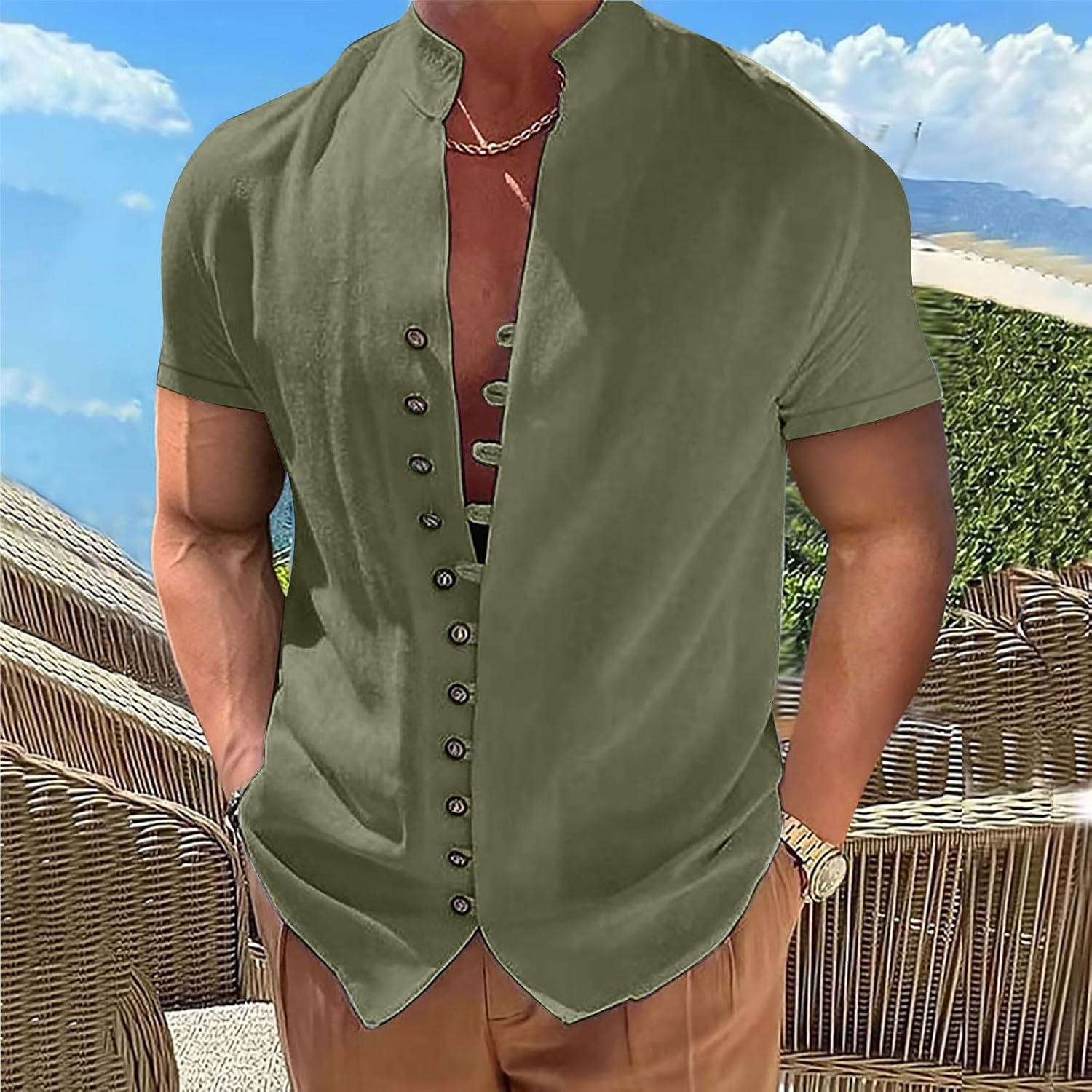 Mens Short Sleeve Linen Shirt Button Up Loose Fit Vintage Shirts Banded Collar Solid Color Tops Casual Summer Beach Shirts
