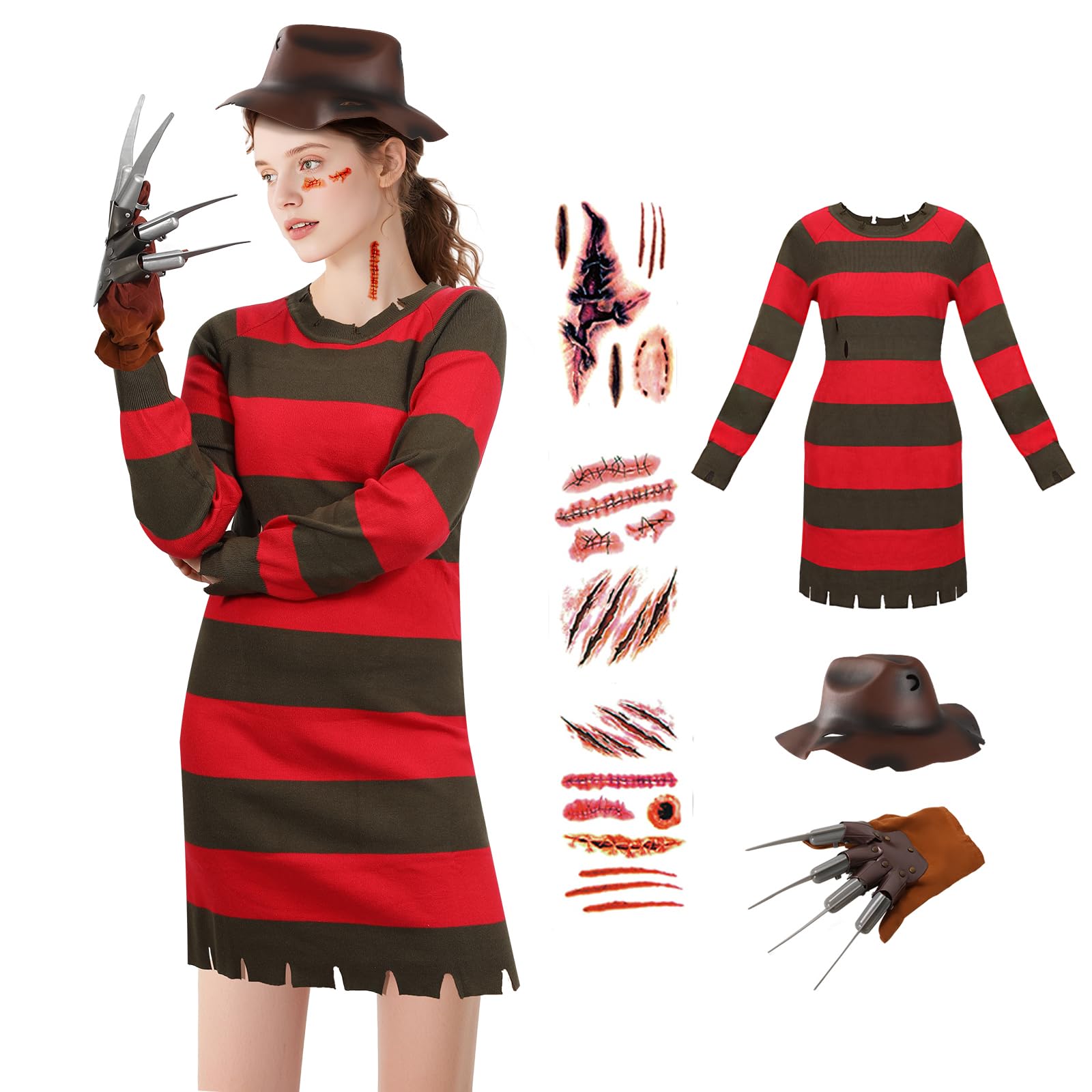 shyhand Freddy Krueger Costume Women 6 PCS Freddy Sweater with Glove Hat Tattoo Stickers Nightmare Killer Costume for Halloween (X-Large)