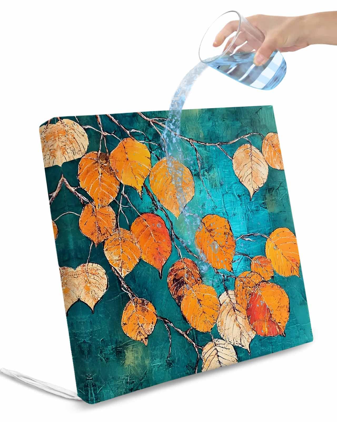 2 Pack Orange Leaf Waterproof Cushion Covers with Ties, Outdoor Patio Chaise Lounge Chair Seat Cushion Slip Covers Replacement(Only Cover) Abstract Oil Painting Branch Turquoise 22