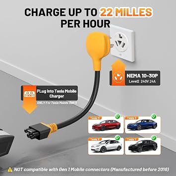 MECMO NEMA 10-30 Adapter for Tesla Gen 2 Mobile Charger, 24 Amp 240V, 10-30P Smart Adapters for Portable Gen II Mobile Chargers Connector for Tesla Motors Model S, 3, X, Y at 3-Prong Old Dryer Outlet