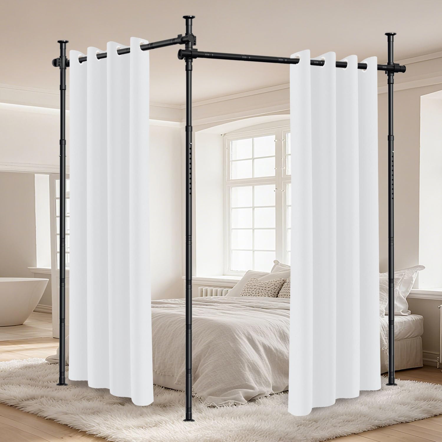 Separador de habitaciones sin taladrar, ancho 70-355 cm x alto 122-305 cm, sin cortina | Marco de biombo negro sin taladrar, independiente y ajustable para salón, dormitorio y oficina, sin cortina