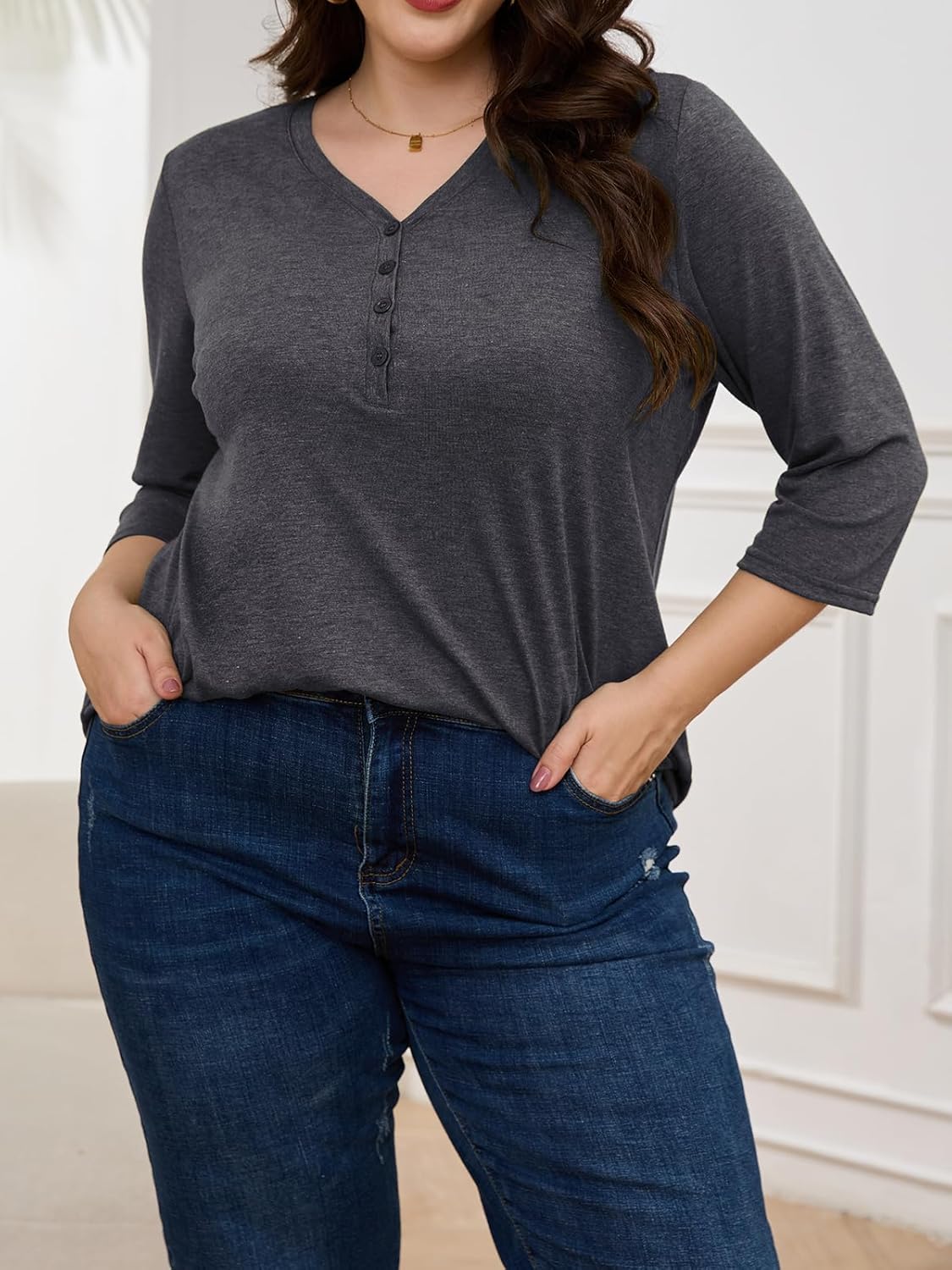 ZDC Women's Plus Size Tops 3/4 Sleeve V Neck T Shirts Button Down Basic Tunic - Image 3