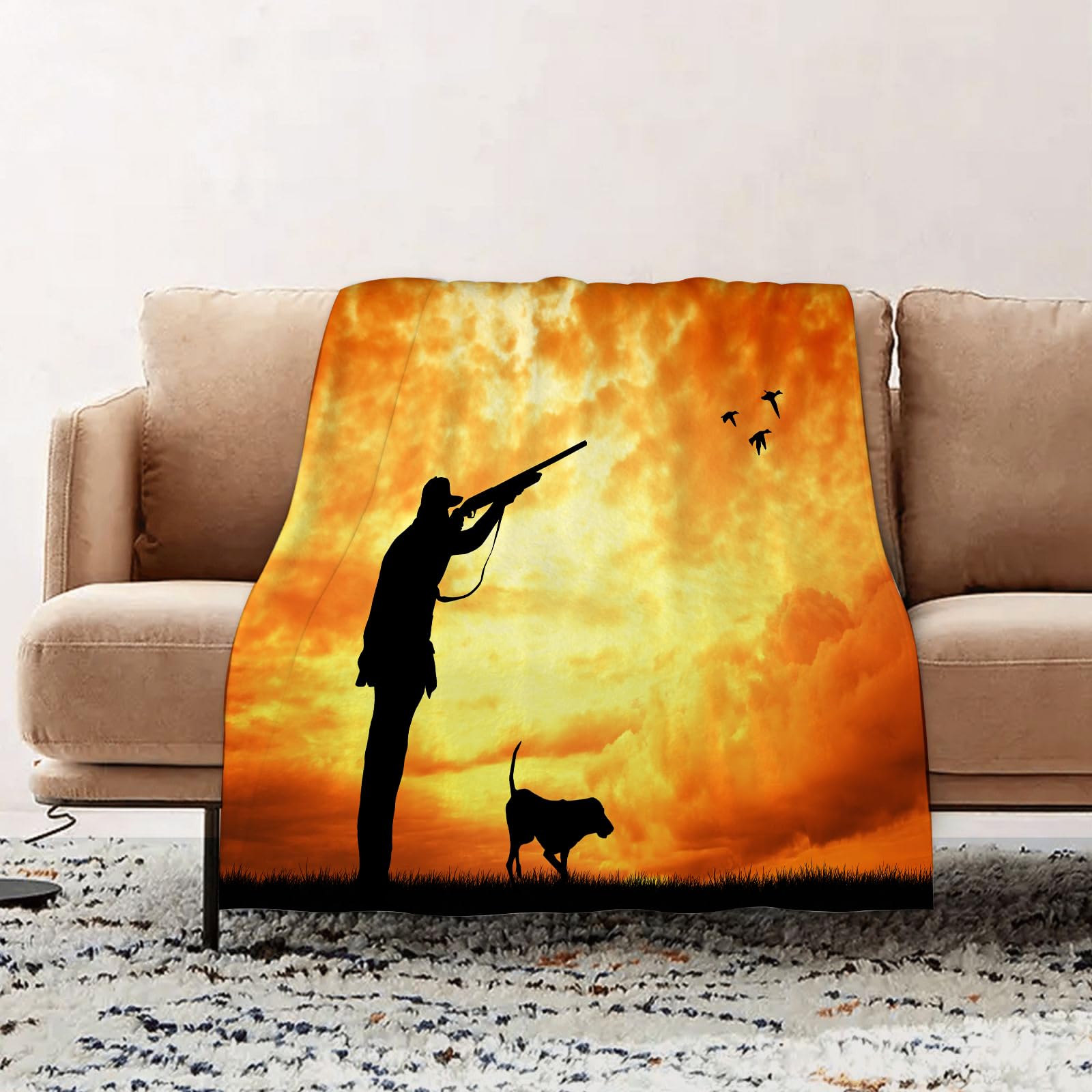 EOMKSE Fleece Blanket Sofa Throw - Versatile Blanket Fluffy Soft Throw for Bed and Couch Throw,Hunting Decoration, Majestic Sunset Huntsman with Wild Duck Shotgun,51x59in