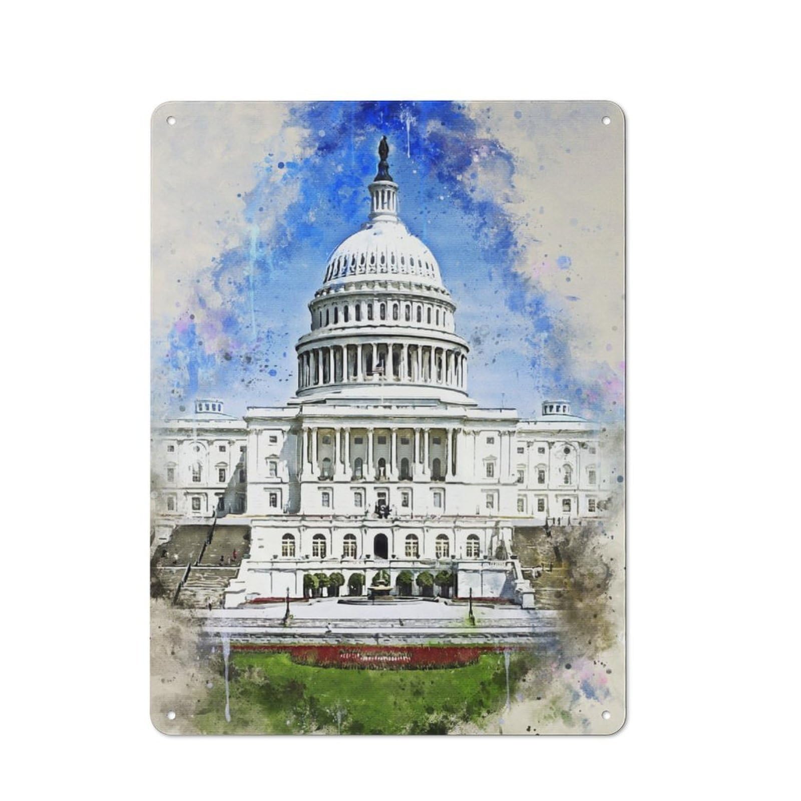 Junmoney Washington In Watercolor Retro Tin Wall Plaque 40X30cm For Home Office Or Studio, Wall Decoration For Home Offices And Studios