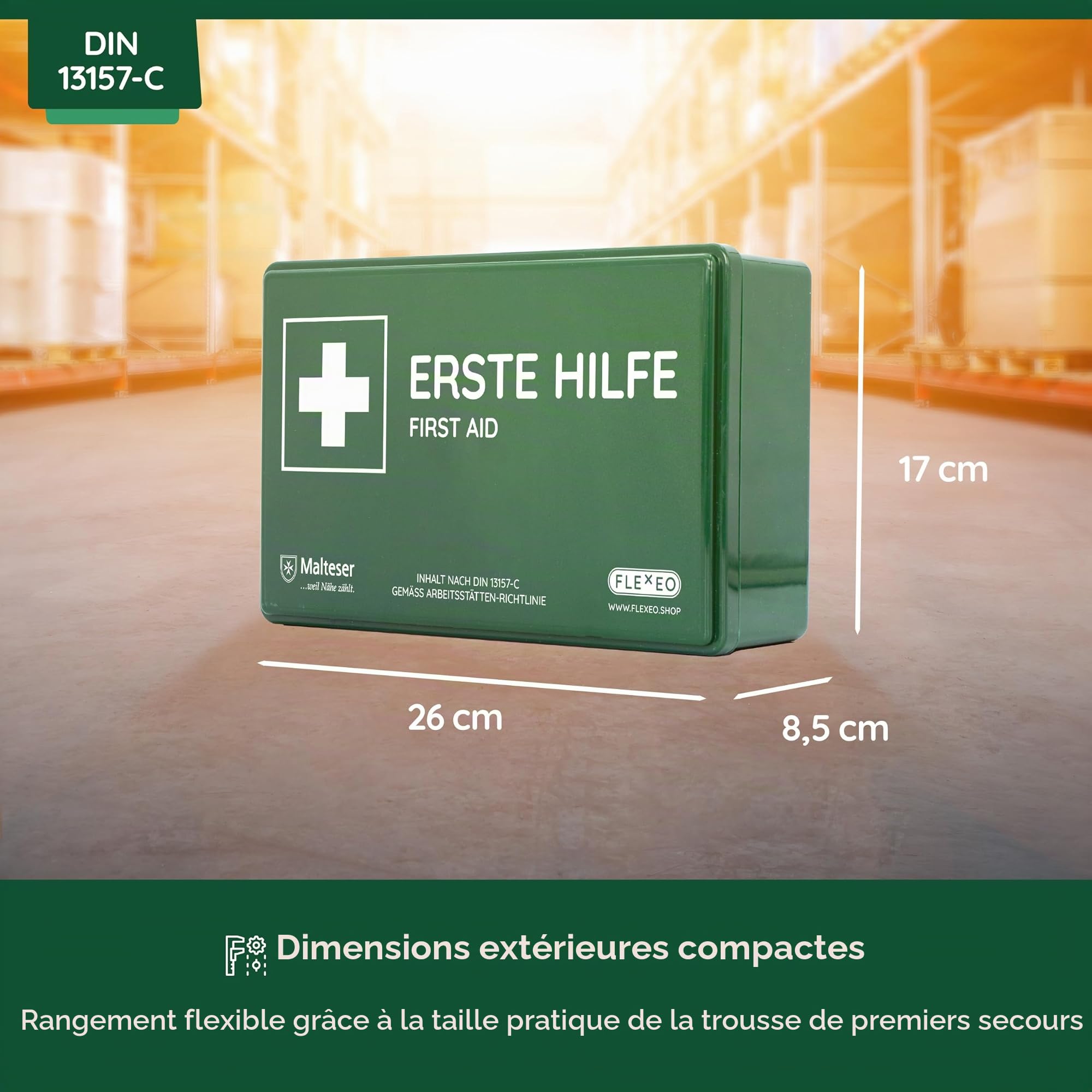 FLEXEO boîte de secours selon la norme DIN 13157:2021, avec support mural/montage mural, trousse de premiers secours d'entreprise/mallette de premiers soins pour entreprises, bureaux chantiers (Vert)