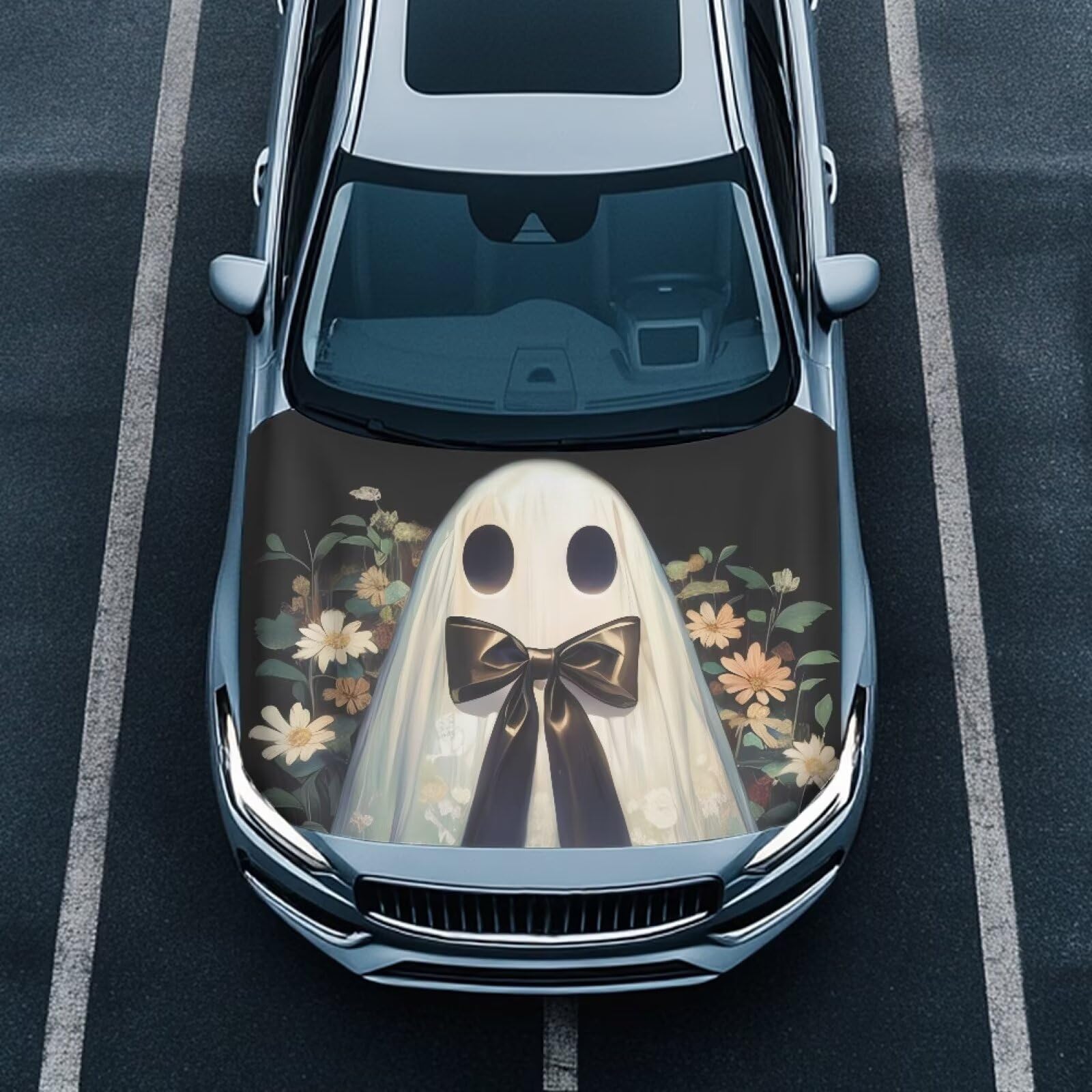 Floral Ghost Car Hood Cover, Wild Flower Removable Automotive Exterior Accessories Halloween Ghost Washable Elastic Car Bonnet All-Season Protection for SUV Sedan