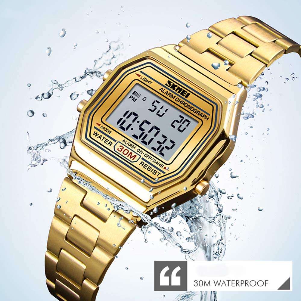 MASTOP Orologio sportivo digitale da uomo, doppio display, in acciaio inox, quadrato, conto alla rovescia, sveglia, retroilluminazione, resistente all'acqua