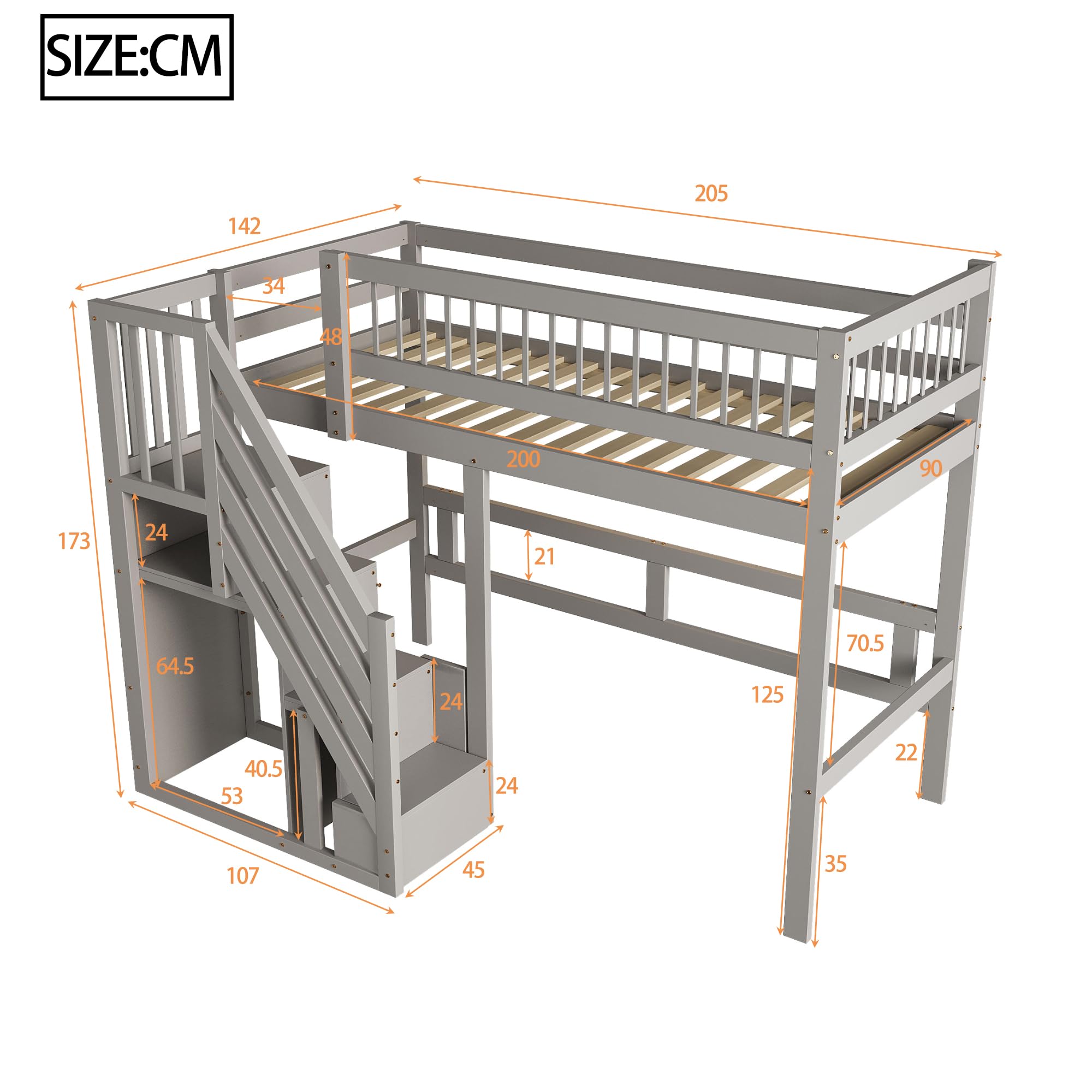 Hochbett 90x200cm, Etagenbett Treppe mit Aufbewahrungs Schrank, Raumfreundliches Design Hochbett für kleine Zimmer oder Gemeinschaftsräume, Grau