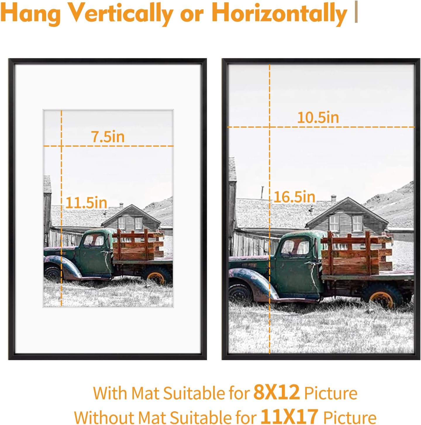 Golden State Art, 11x17 Black Picture Frame Display Photo 8x12 with Mat or 11x17 Without Mat for Wall Mounting, Classic Satin Aluminum Frames with Real Glass (Pack of 1)