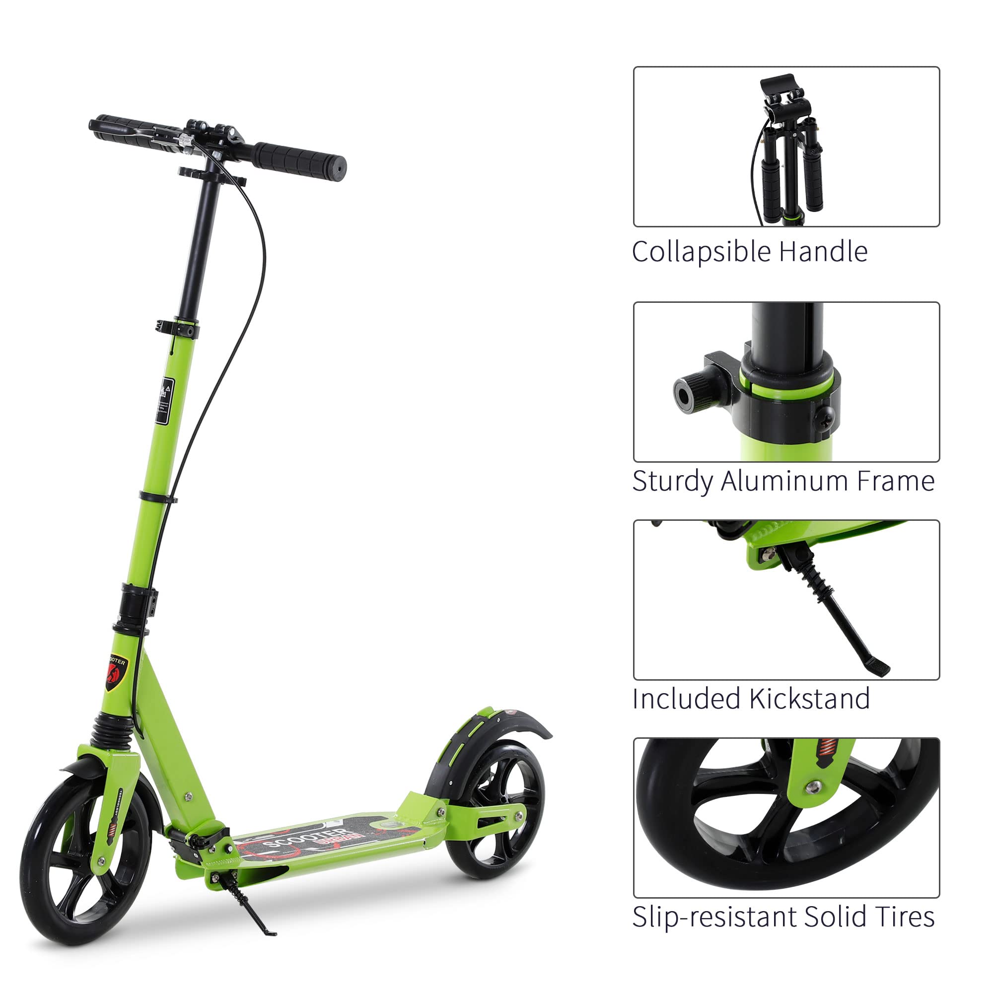HOMCOM Patinete plegable de 2 ruedas para más de 14 adolescentes y adultos, color verde | Sistema de freno doble, suspensión doble, ruedas grandes de 230 mm, 3 manillares ajustables, hasta 100 kg