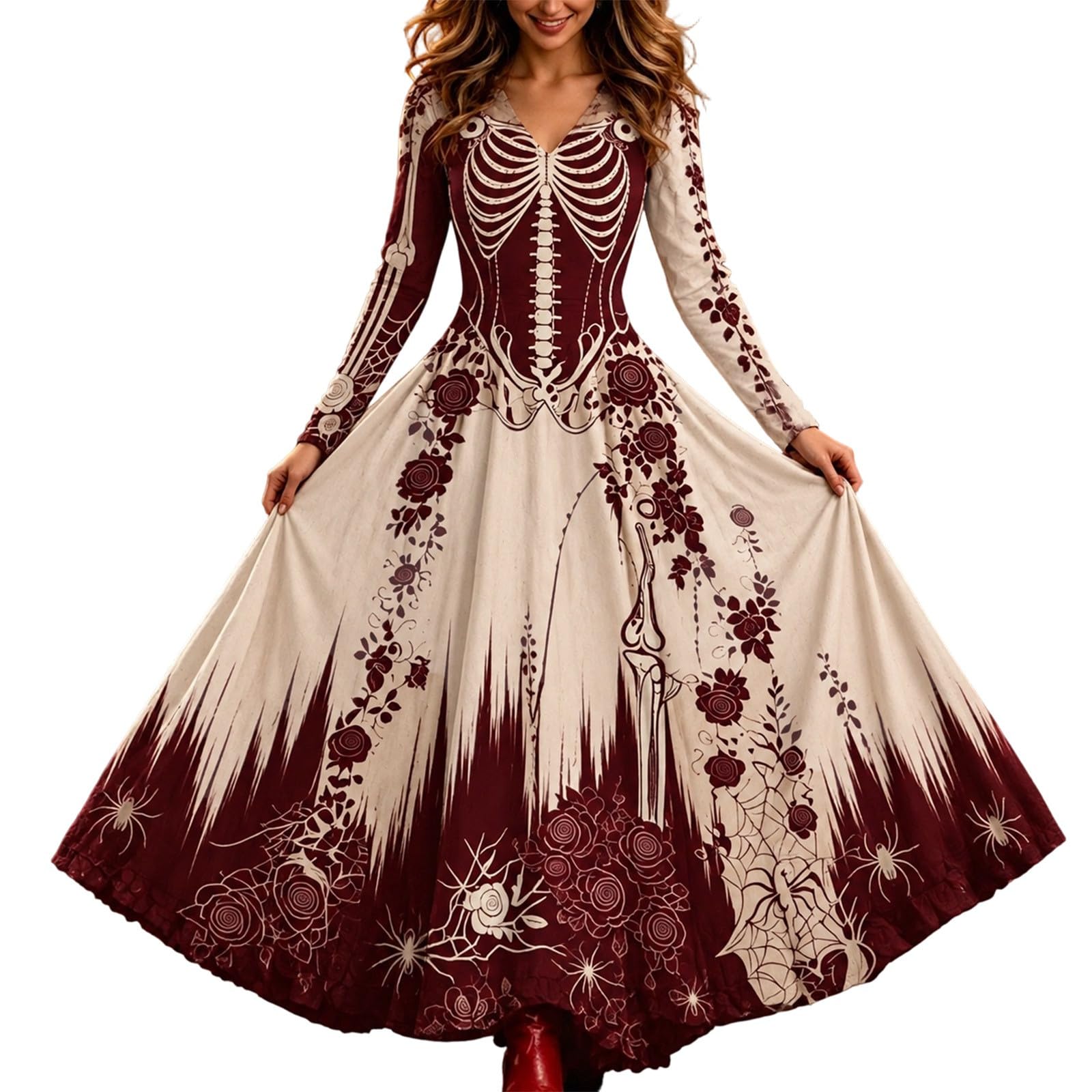 Halloween Dresses for Women UK, Skeleton Rose Maxi Dress, Gothic Costume