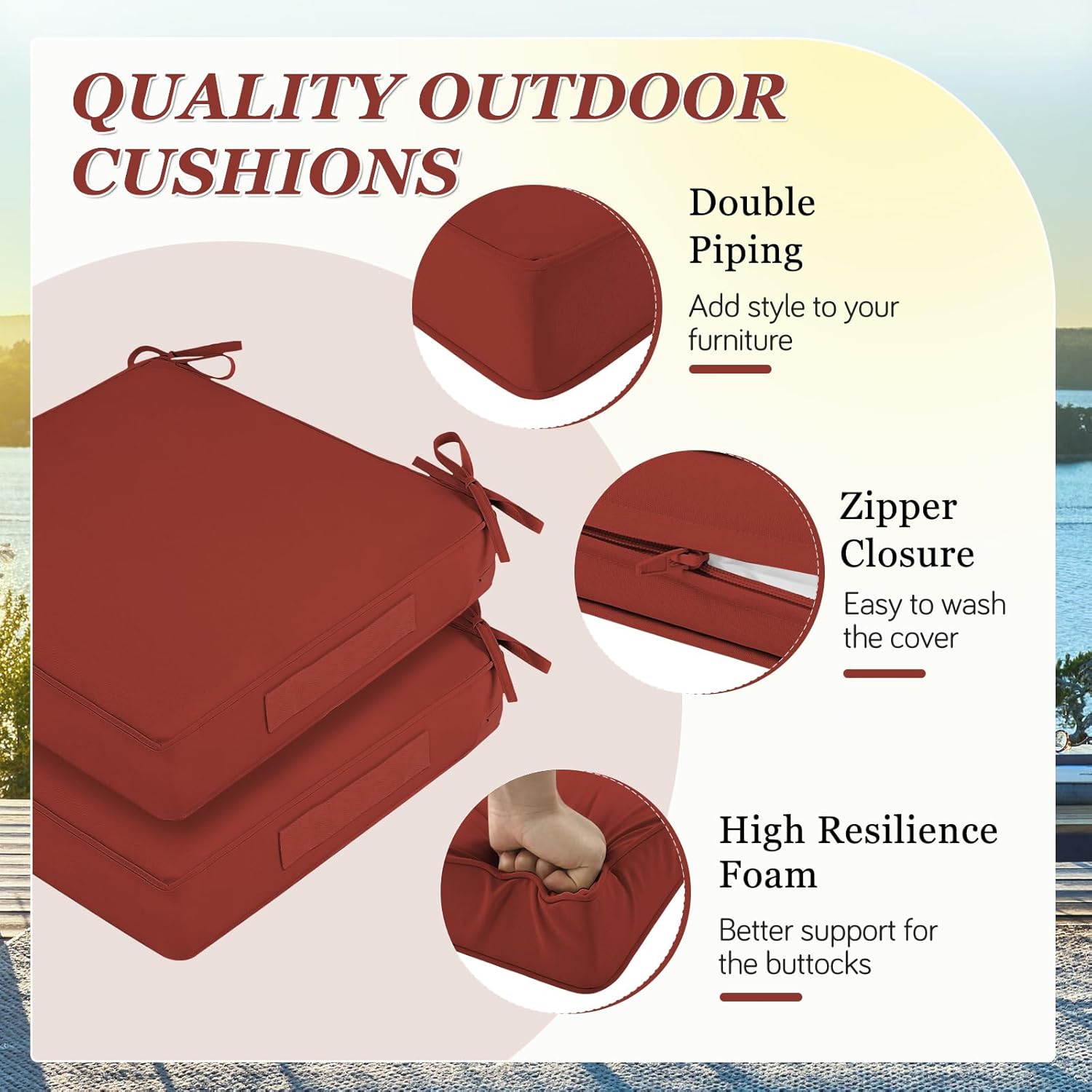 Waterproof Outdoor Chair Cushions Set of 2, Square Outdoor Seat Cushions with Ties and Removable Covers, 19 x 19 Outdoor Cushions for Patio Furniture with Portable Handle(Rust)
