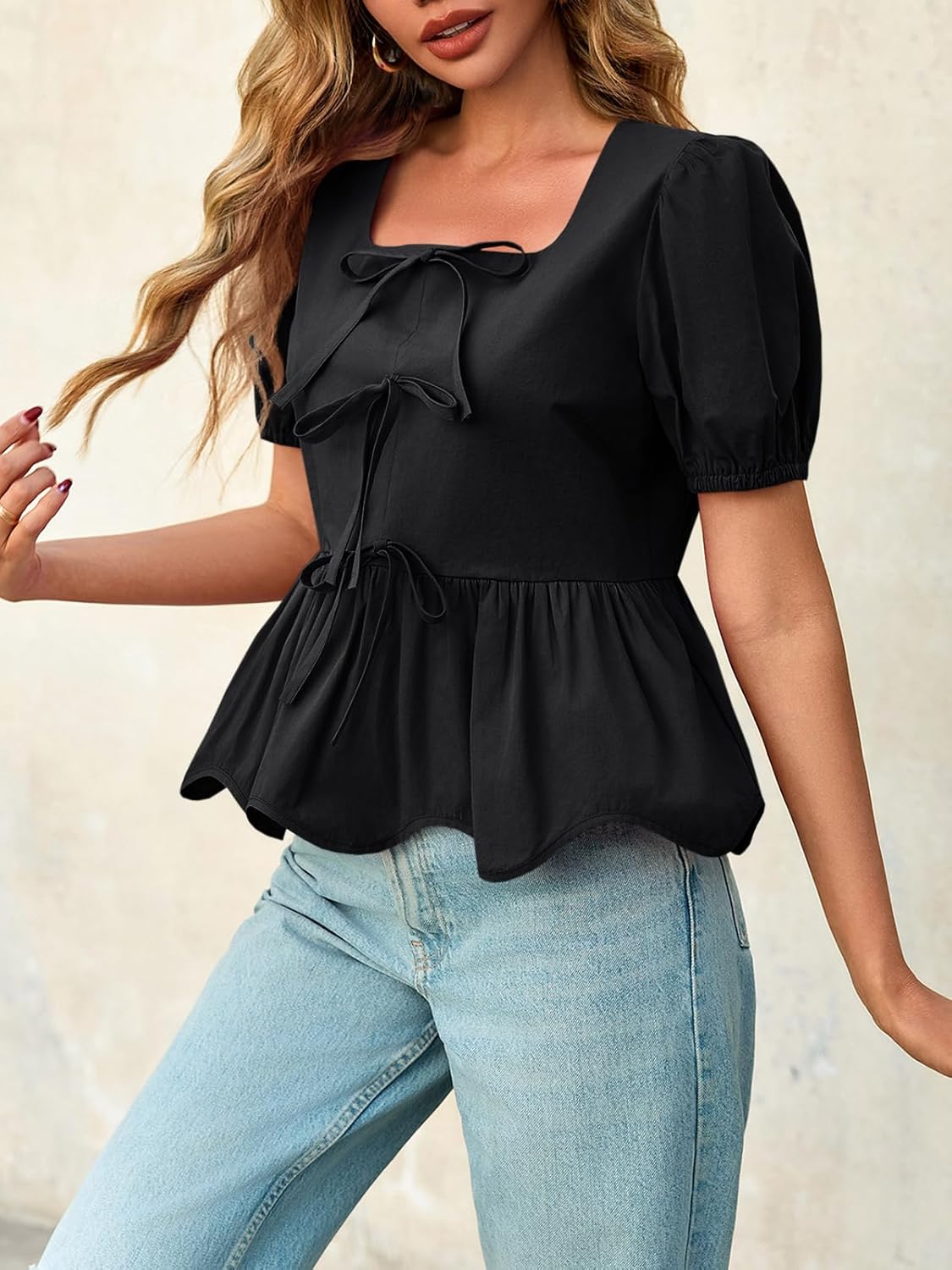 Tankaneo Womens Summer Peplum Babydoll Tops Square Neck Short Puff Sleeve Blouses Ruffle Cute Bow Shirts - Image 5