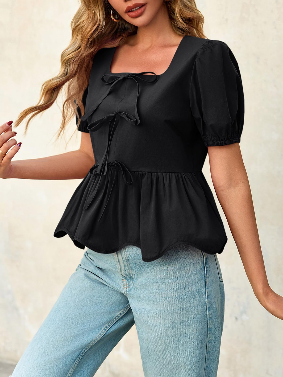 Tankaneo Blusa de verano para mujer, con cuello cuadrado, manga corta abombada, con volantes y lazo