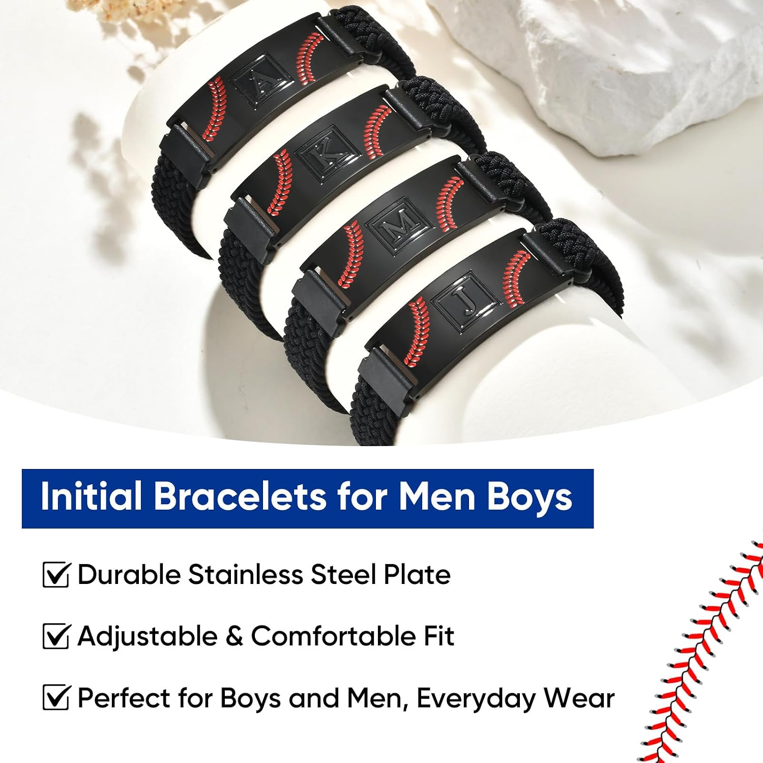 Baseball Initial Bracelets for Boys Men - Adjustable Elastic Stretch Strap Letter Bracelet Personalized Baseball Charm Bracelets for Teen Inspirational Jewelry Gifts Idea for Players Team Lovers Boys
