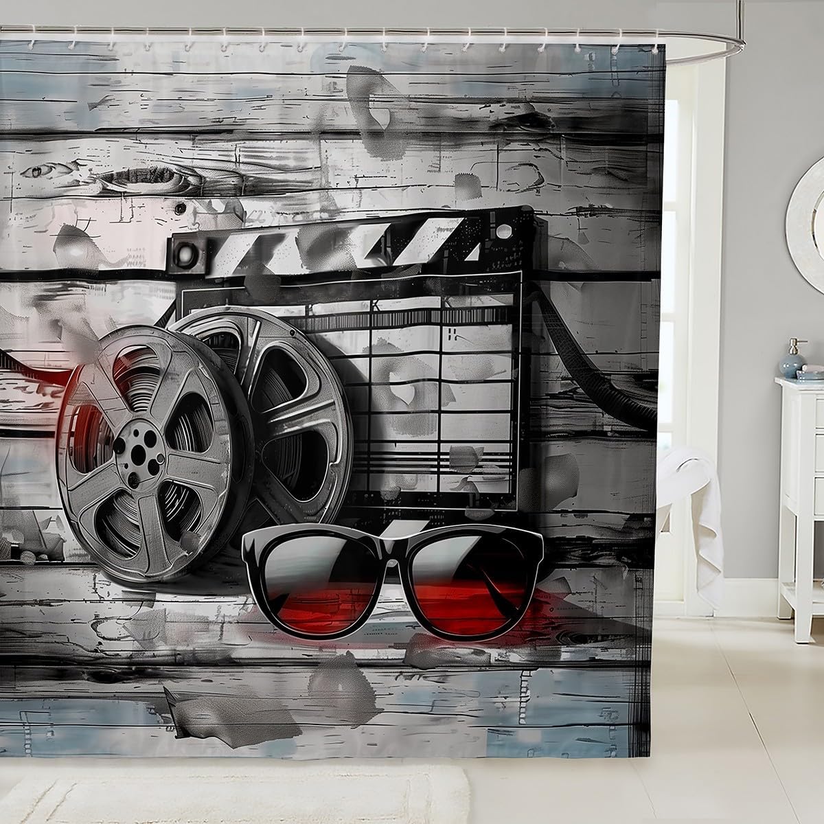 Homewish Movie Themed Shower Curtain,Modern 3D Cinema Waterproof Quick Dry Fabrics,Kids Girls Boys Teens Photographic Film Bathroom Curtain Black Grey Rustic Bathtub Decor with 12 Hooks,72" Wx72 L