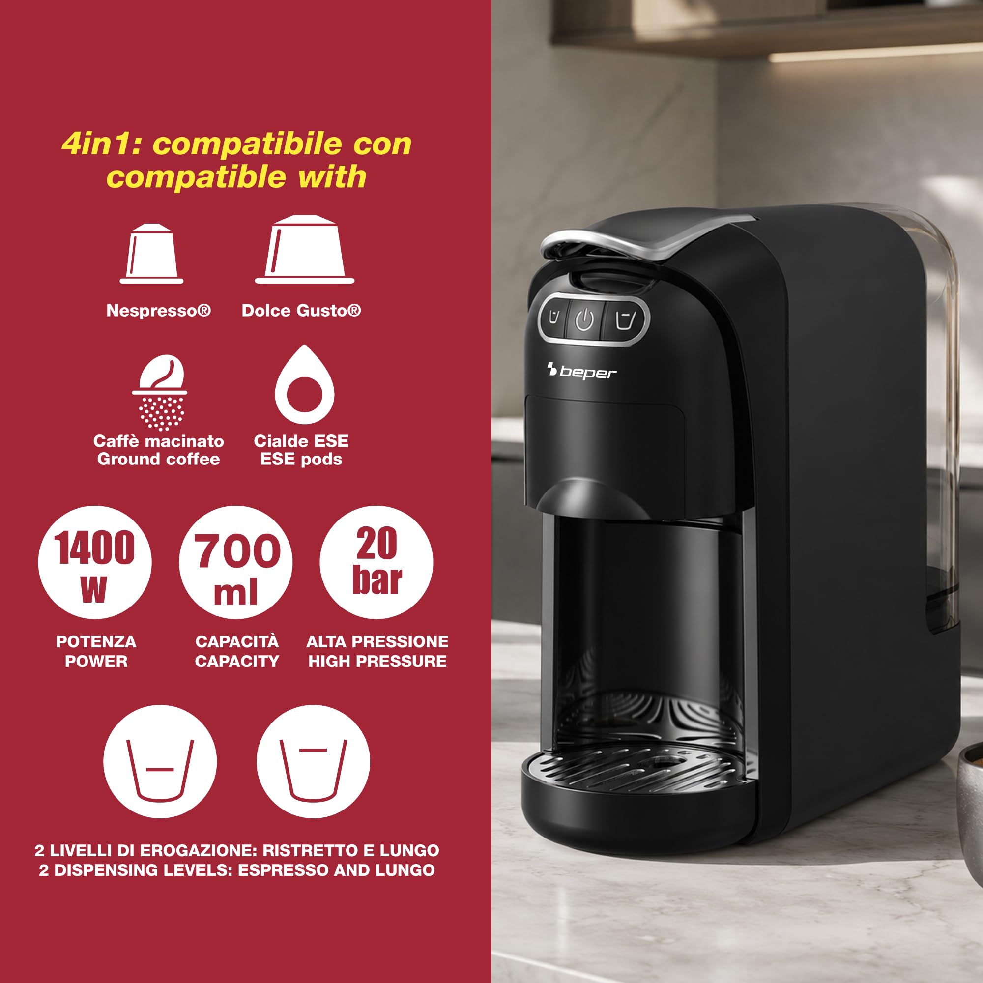 BEPER P101CAF200 Cafetera Espresso Amata 4 en 1, 20 bares, compatible con cápsulas Nespresso® y Dolce Gusto®, monodosis ESE y café molido, 1400 W, depósito de 700 ml