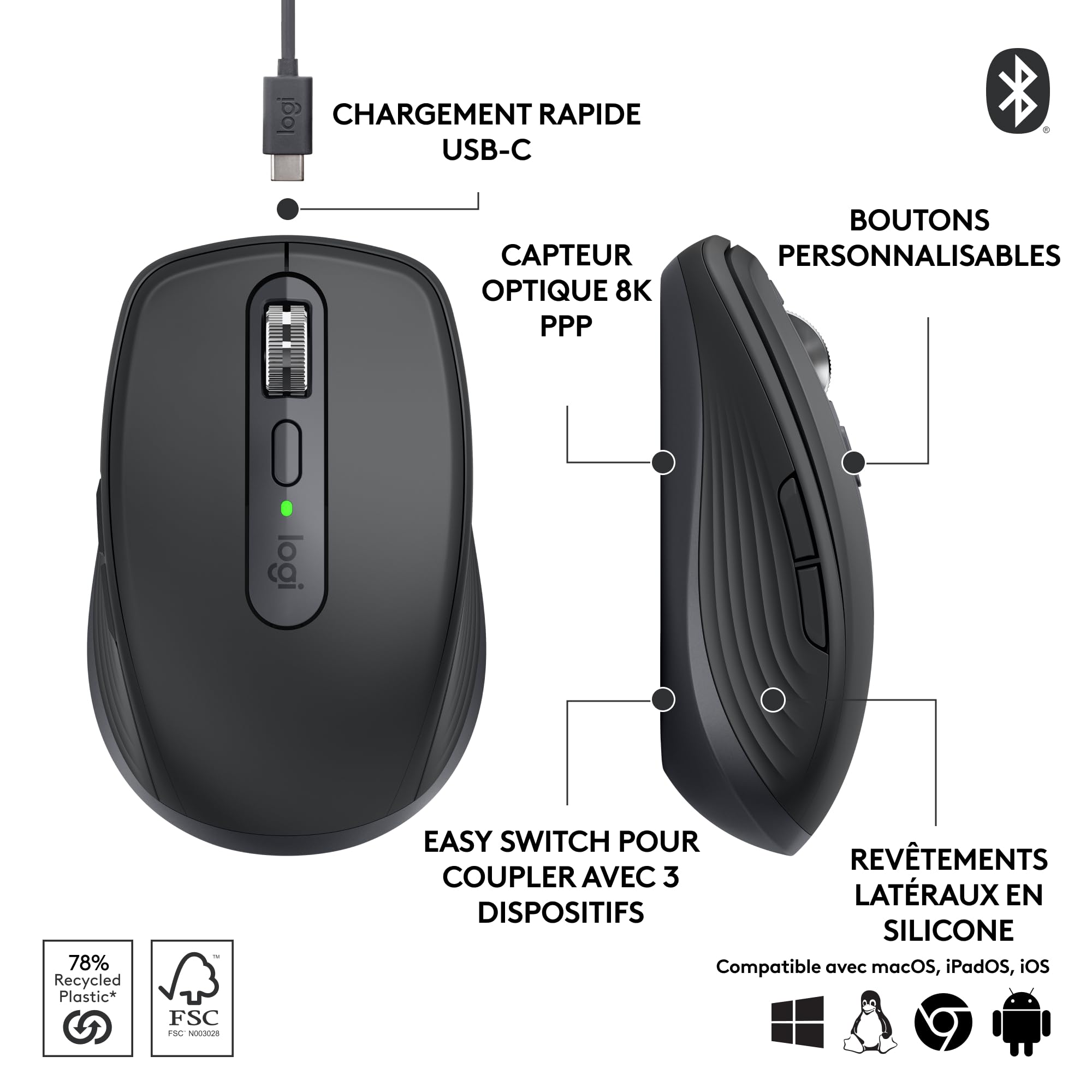 Logitech MX Anywhere 3S Souris Sans Fil Silencieuse, 8K DPI, USB-C, Bluetooth, Graphite