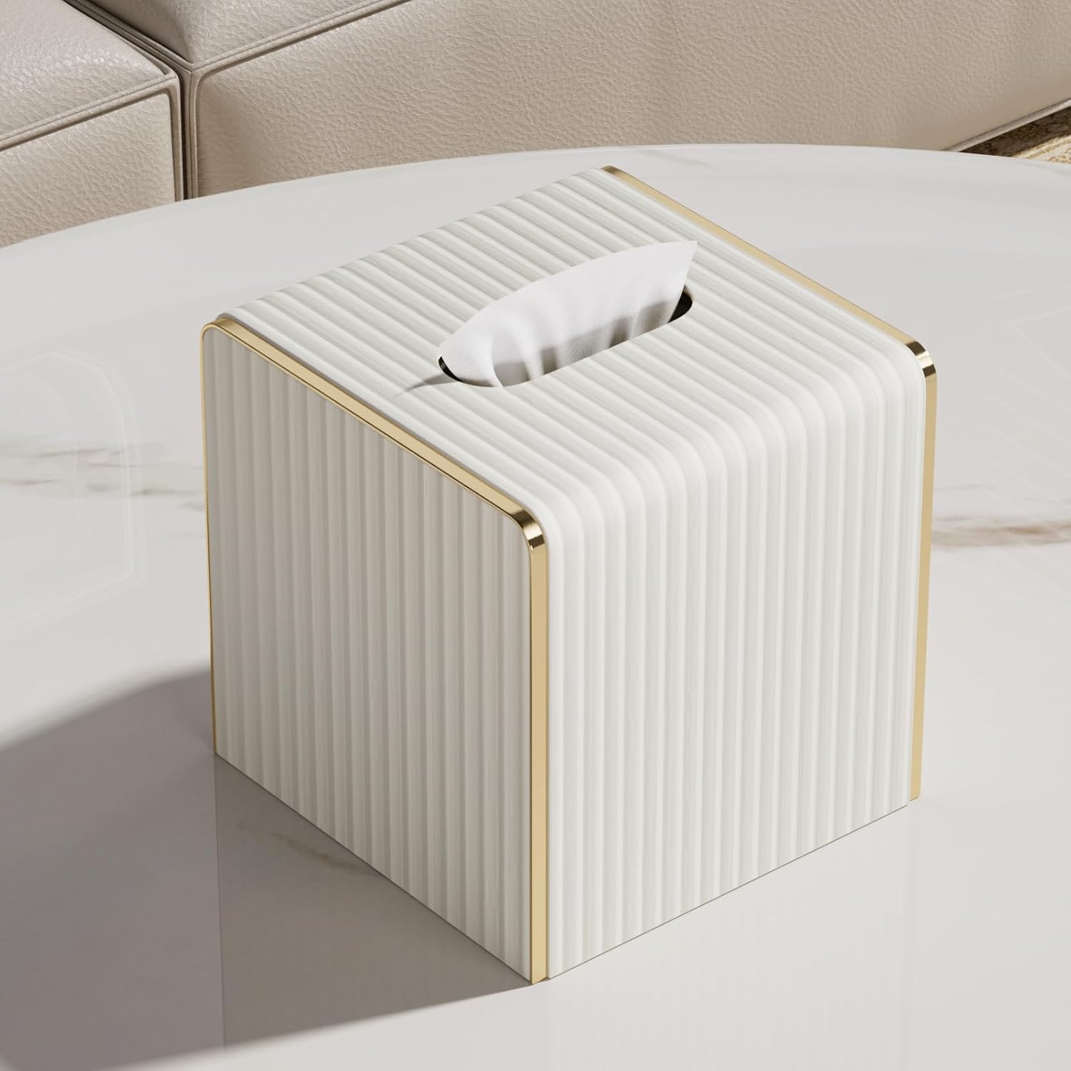 Tissue Box Cover,White Square Leather Tissue Box Holders with Gold-Tone Edging Decoration, Tissue Vessel for Bathroom Toilet Bedroom Living Room Table Desk Office,Modern Home Decor