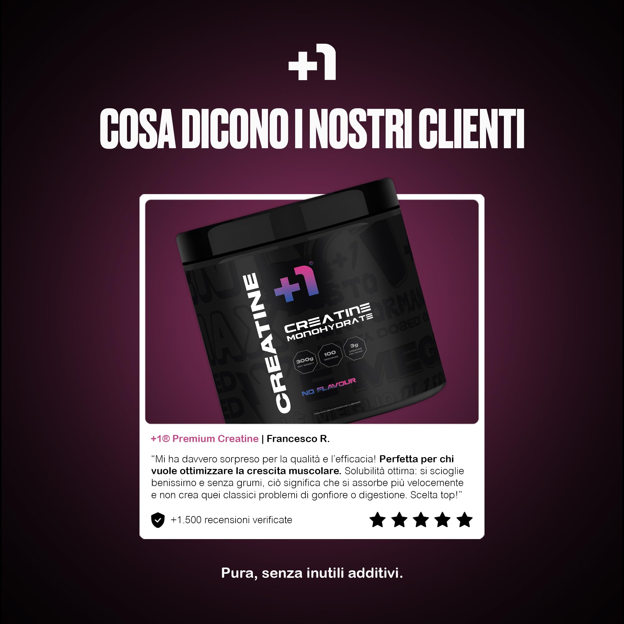 +1® Creatina Monoidrato in Polvere Premium - Crescita Muscolare, Forza e Resistenza - Riduce Fatica - Recupero Muscolare - 200 Mesh Pura al 99,5% - 300 g, 100 Porzioni - Neutro