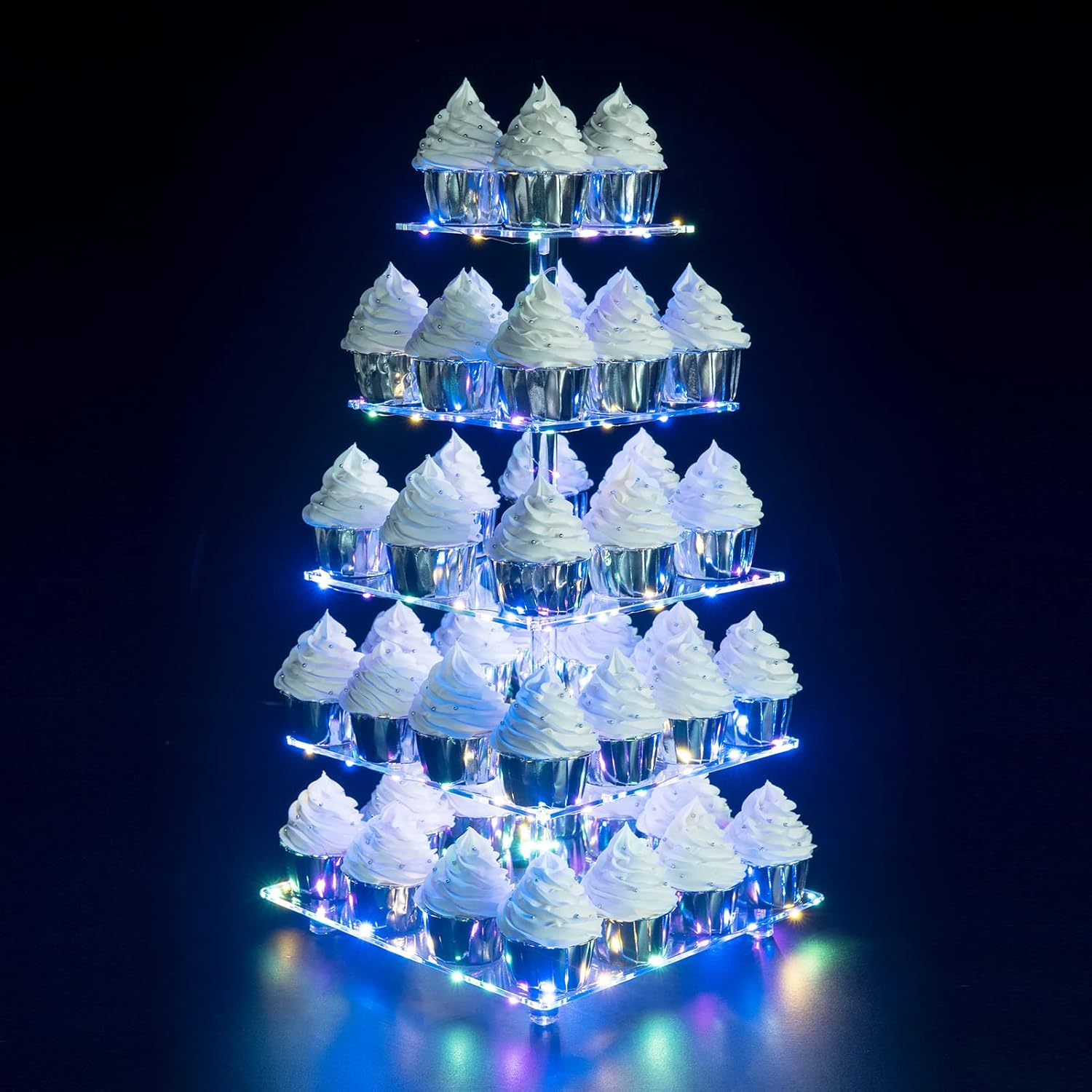 OLACHIKKO Cupcake Stand, 5Tier Square Cupcake Holder with LED Light String, Acrylic
