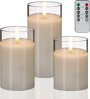 Relaxdays LED Kerzen im Glas, 3er Set, Fernbedienung, Timer & flackernde Flamme, Echtwachs, flammenlos, Farbwahl