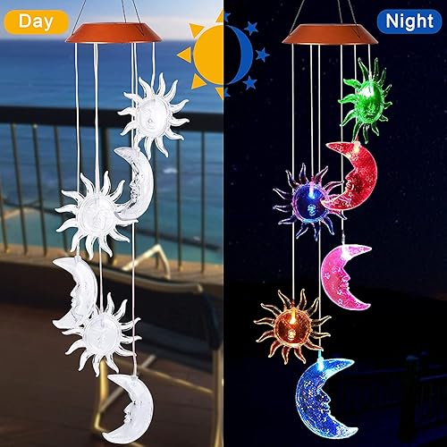 Miniatura 2 de Campanilla de viento de luna y estrella para exteriores, lámpara de luz LED que cambia de color solar, campanillas de viento solares para el hogar,