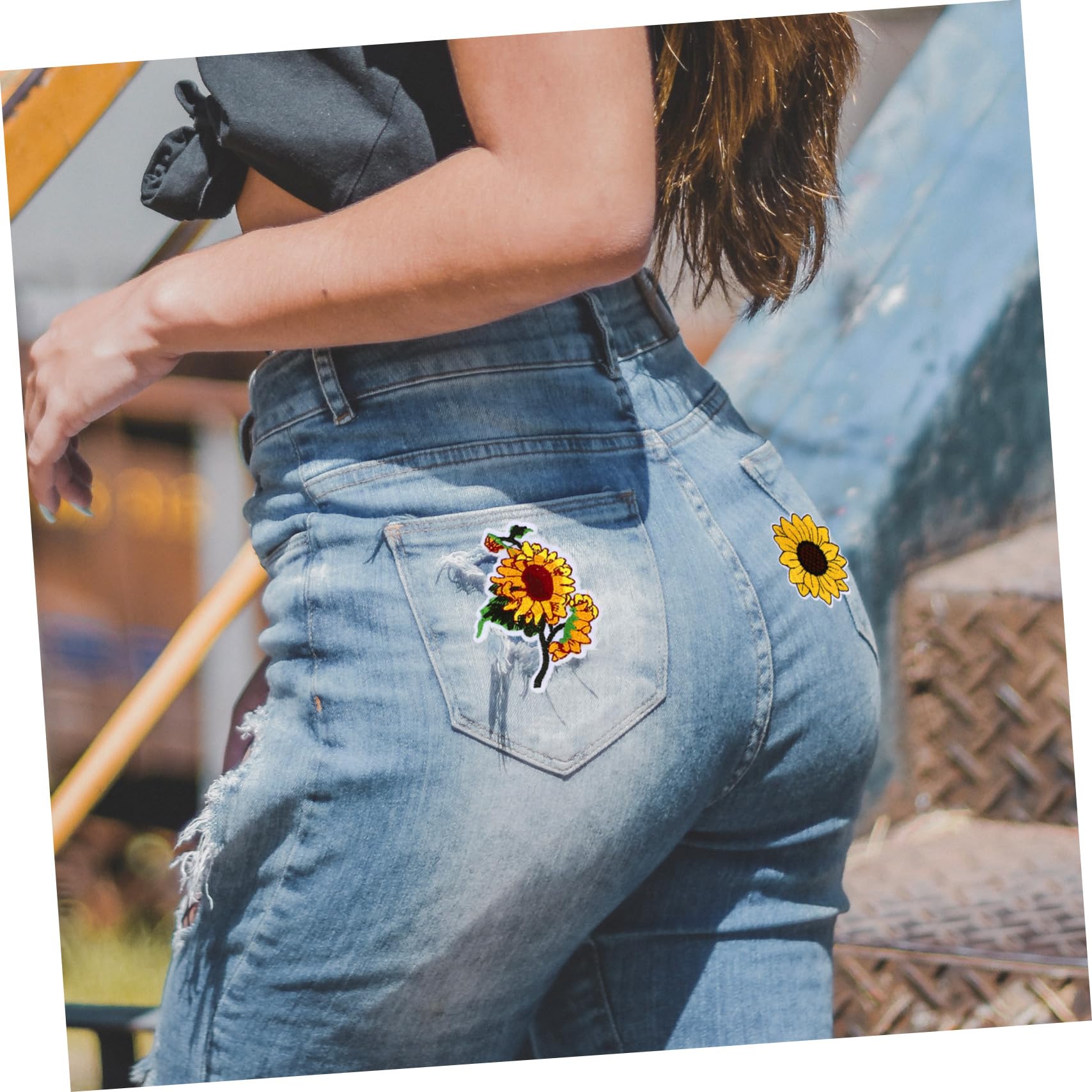 SHINEOFI 4 Set ricamo di girasoli decorazioni per scarpe charm per scarpe materiale girasole cappelli testo toppe per pantaloni toppe termoadesive per la riparazione di indumenti poliestere
