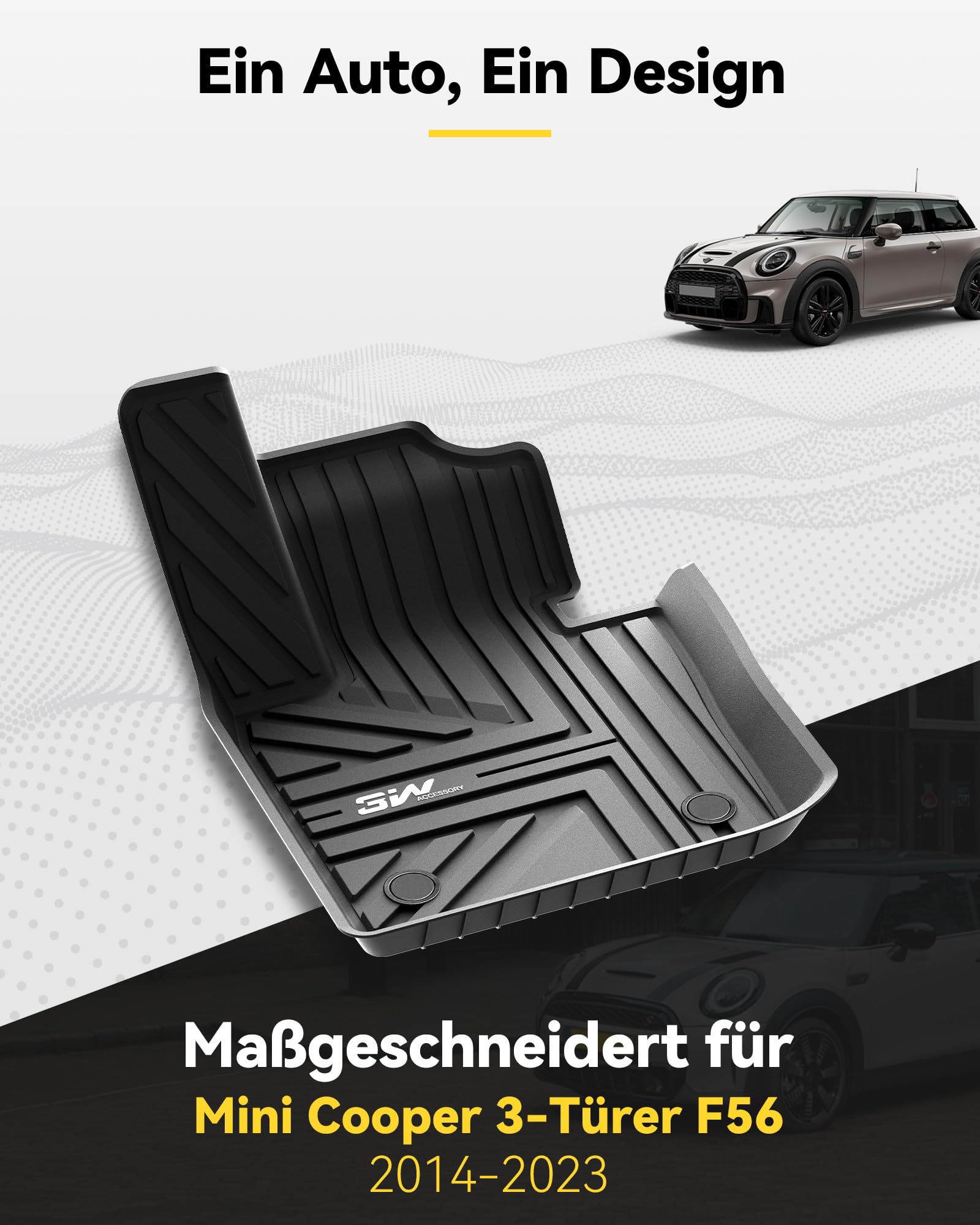 3W Fußmatten & Kofferraumwanne für 2014-2024 Mini Hatch F56/Mini Cooper | TPE Thorex™ Allwetter | 3D Maßgeschneiderte Passform | Hundefreundlich Auto Zubehör | Wasserdicht & Kratzfest | Antirutsch