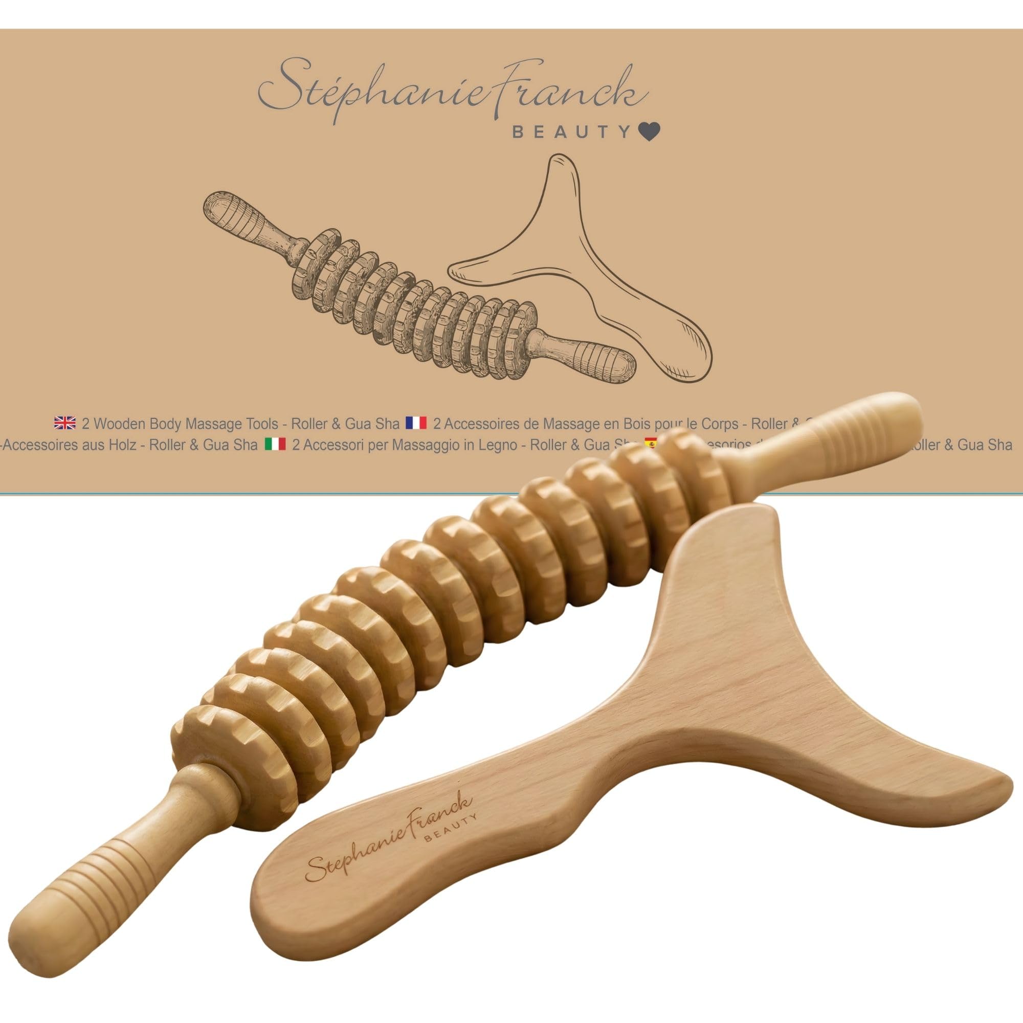Set de Madérothérapie Corps en Bois avec Rouleau Courbé et Gua Sha, Outils de Massage Manuel Sculptant pour Jambes, Fesses, Ventre, Bras et Dos