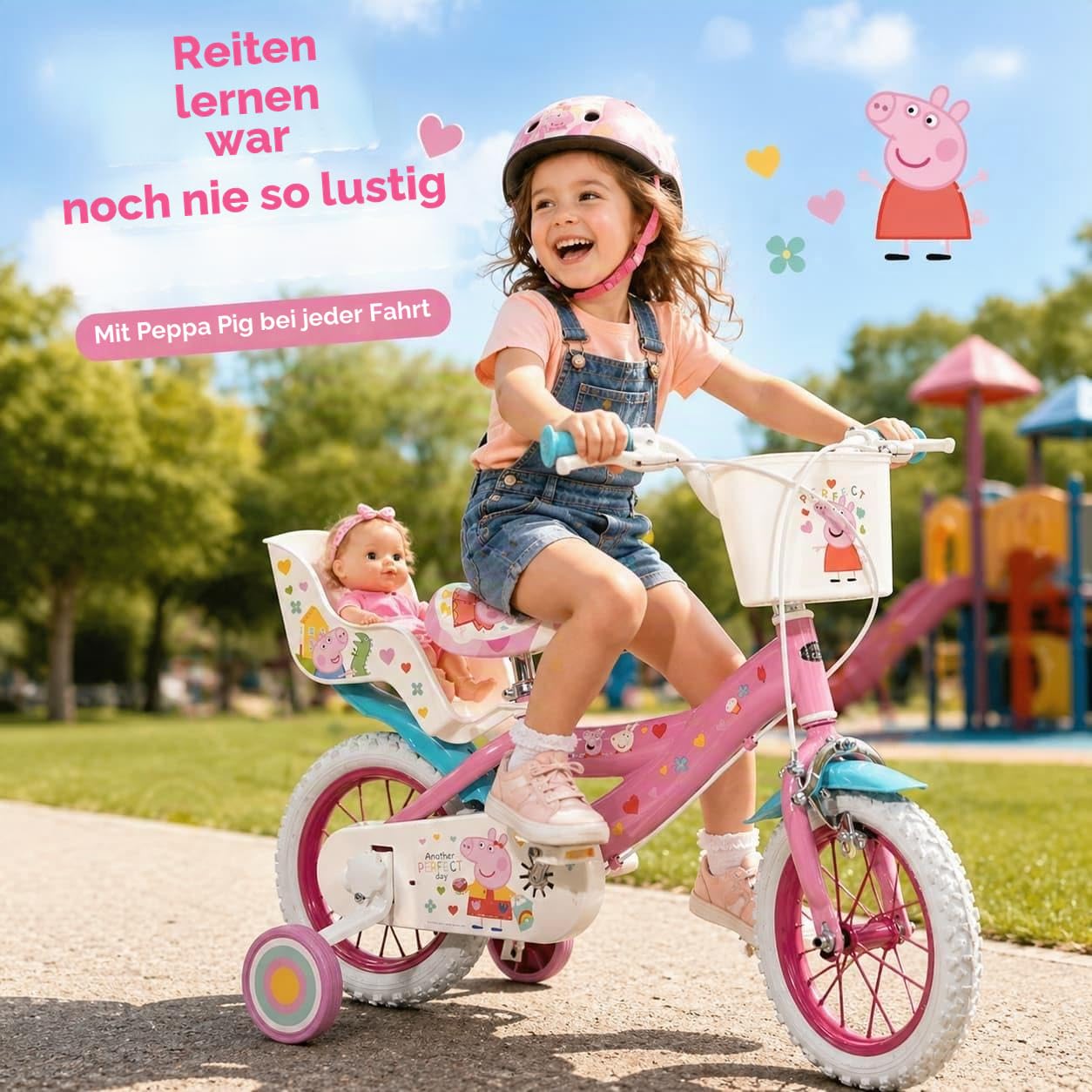 Kinderfahrrad Peppa Pig 12 Zoll mit Stützrädern Korb Puppensitz 3-5 Jahre