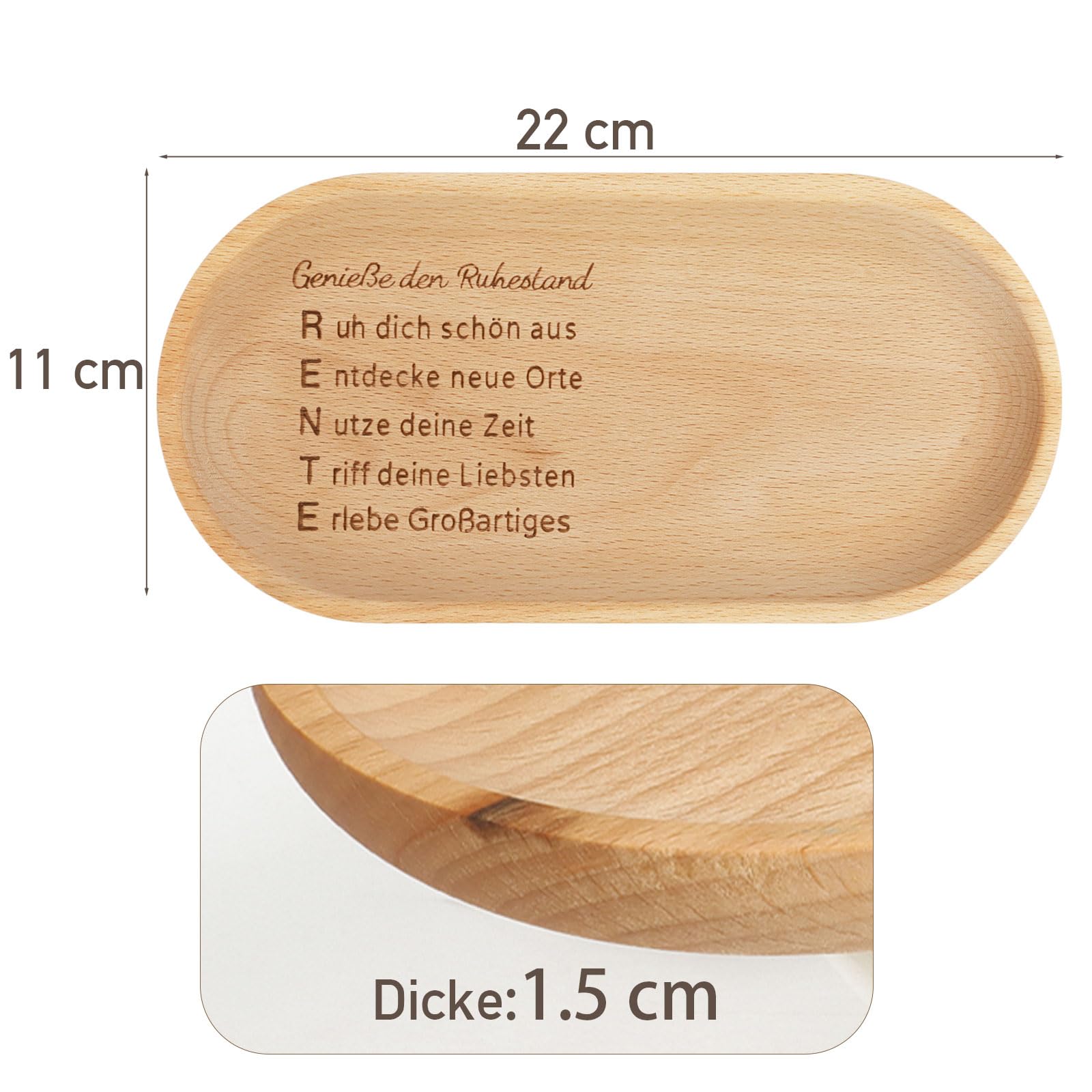 MEJOSER Holz Tablett für Brot Tassen 22x11cm Ruhestand Geschenk Renteneintritt Rente Geschenke Frau Männer Rentner Brettchen Kosmetiktablett Abschiedsgeschenk für Rentnerin (Tasse Nicht inkl.)