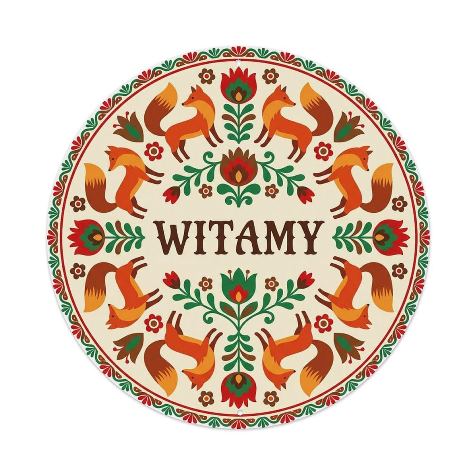 Vintage Polish Folk Art Witamy Welcome Fox Forest Metal Tin Sign