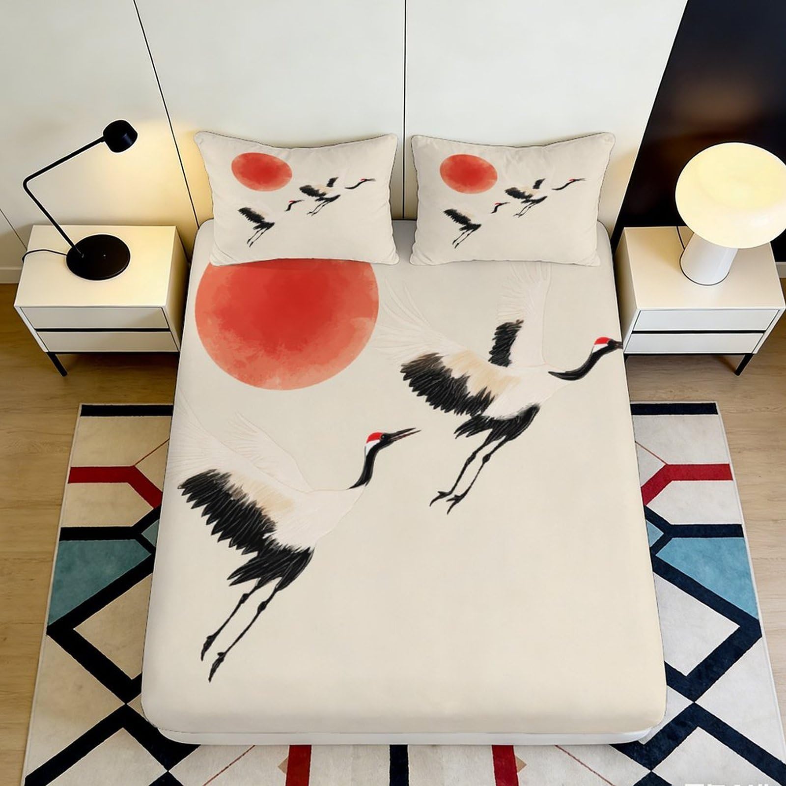 3D Printed Ink Crane Fitted Sheet Microfiber Deep Pocket Bedroom Bedding Ink Crane Mattress Fitted Cover Non-Slip Full Wrap Washable for Adults 90x200x25cm