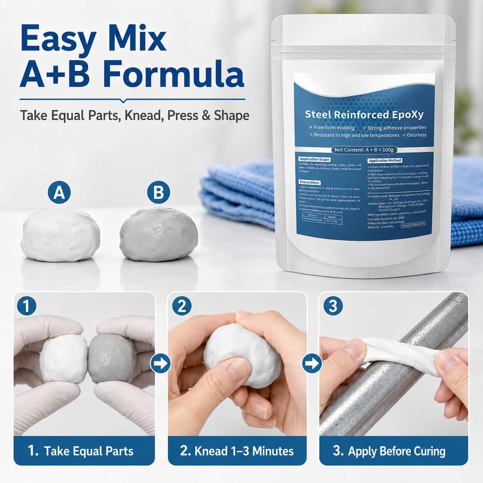 Stucco epossidico rinforzato con acciaio, Pasta riparatrice multiuso ad alta resistenza, stucco bicomponente per metallo, legno, ceramica, pietra, plastica e tubi in PVC, adesivo impermeabile (5pc)