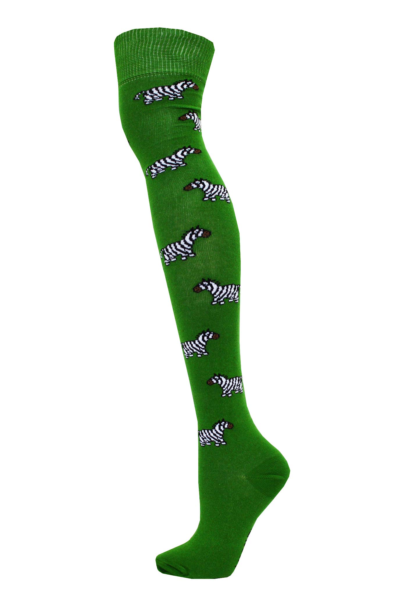 Macahel Festive Over The Knee Zebra Print Animal Socks Size 4-8 (Zebra Green)