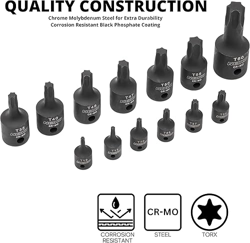 Miniatura 4 de NEIKO 10281B - Juego de llaves de punta Torx Impact  13 piezas  6 puntas de estrella  Cr-Mo de grado de impacto resistente  T10 a T60  Estuche de