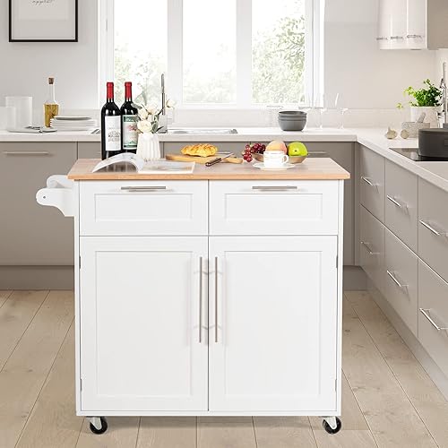 Miniatura 2 de COSTWAY Isla de cocina con ruedas, carrito de cocina con barra lateral para toallas, 2 cajones, gabinete de 2 puertas, carrito rodante de