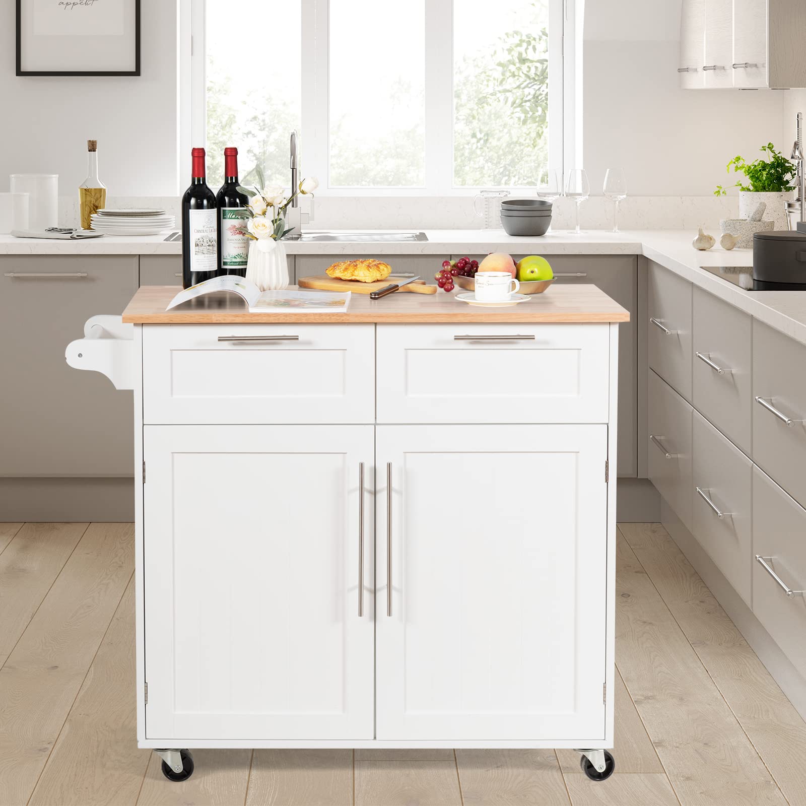 GOPLUS Postre con Ruedas, Cesta de Cocina de Madera, con Armario, Estante de 3 Niveles Ajustables y 2 cajones, toalleros, 94 x 45 x 94,5 cm, Blanco