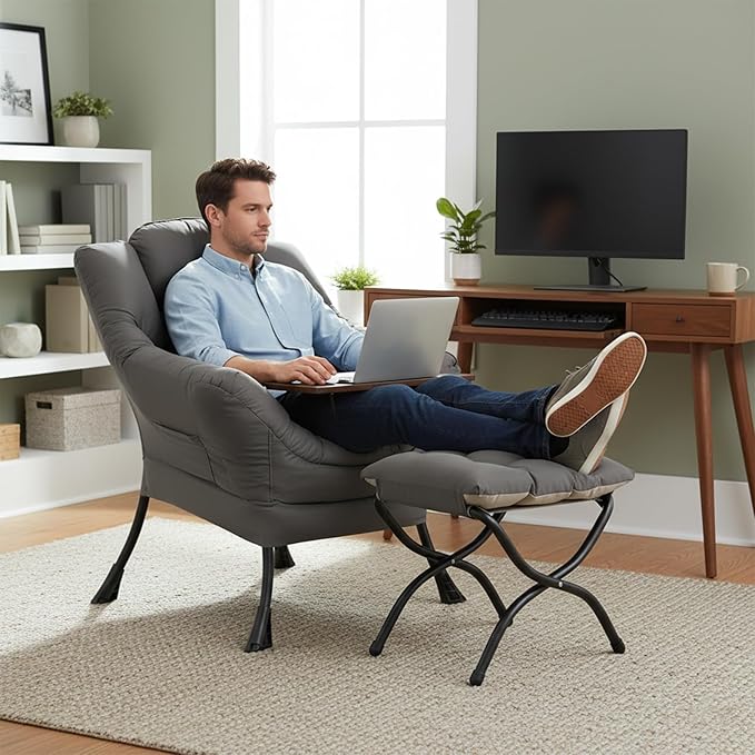 Sillón Lounge con Puf Reposapiés, Moderno, Gris Oscuro miniatura 8