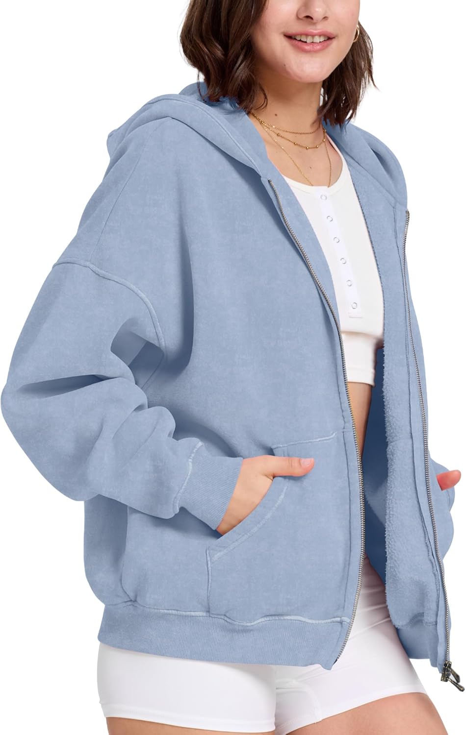 FAIABLE Womens Mens Double Zip Up Hoodie Oversized Acid Wash Heavyweight Hoodie Distress Cotton Fleece Full Zipper Sweatshirt - Image 6