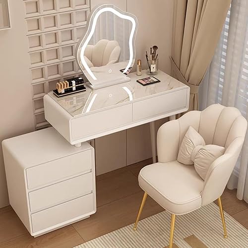 Miniatura 19 de Tocador con espejo con luces, mesa de tocador con cajones, mesa de maquillaje blanca, 3 modos de iluminación de brillo ajustable, para dormitorio,