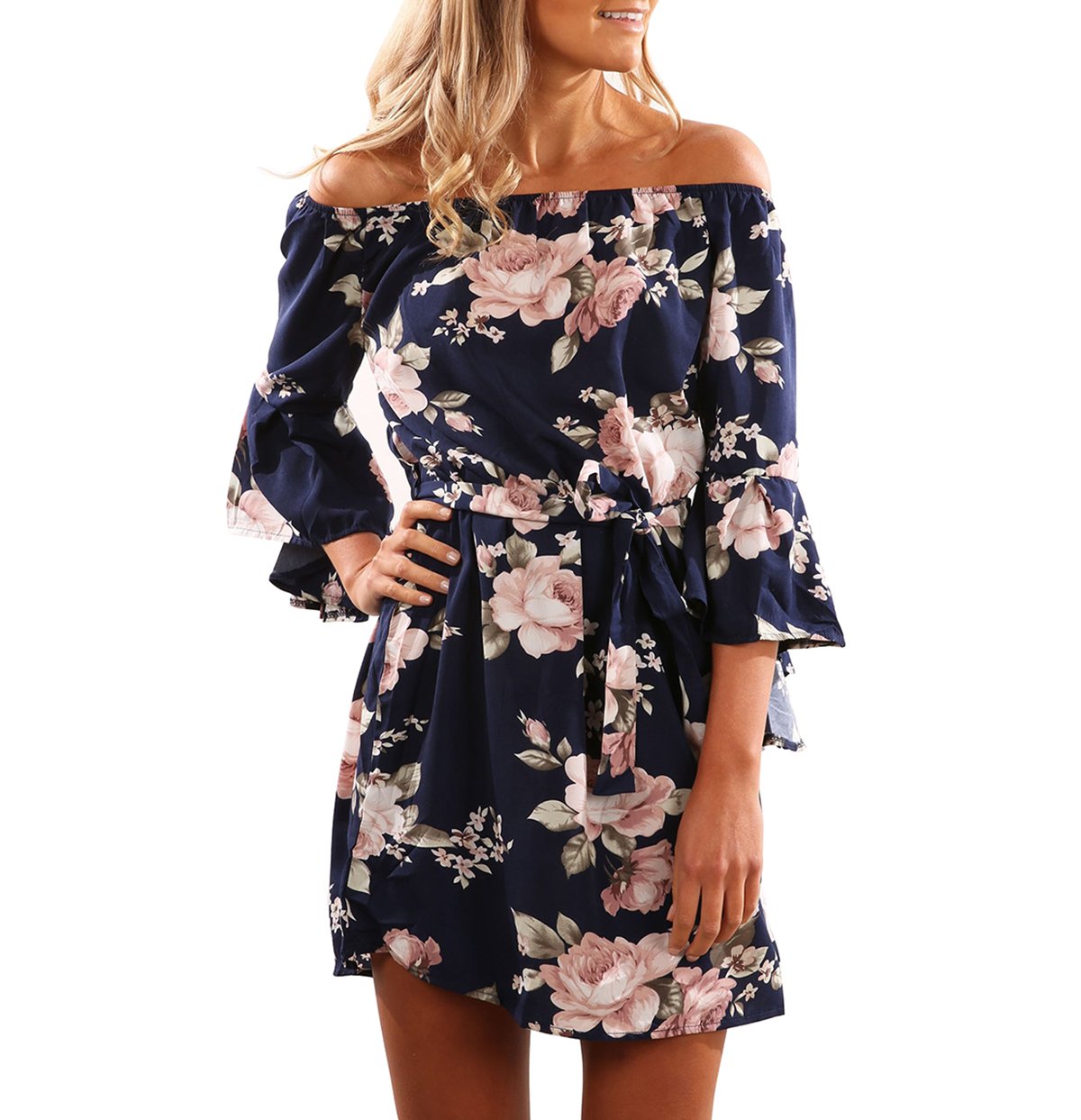 Yieune Sommerkleider Lange Ärmel Schulterkleid Blumenmuster Kurzes Strandkleid