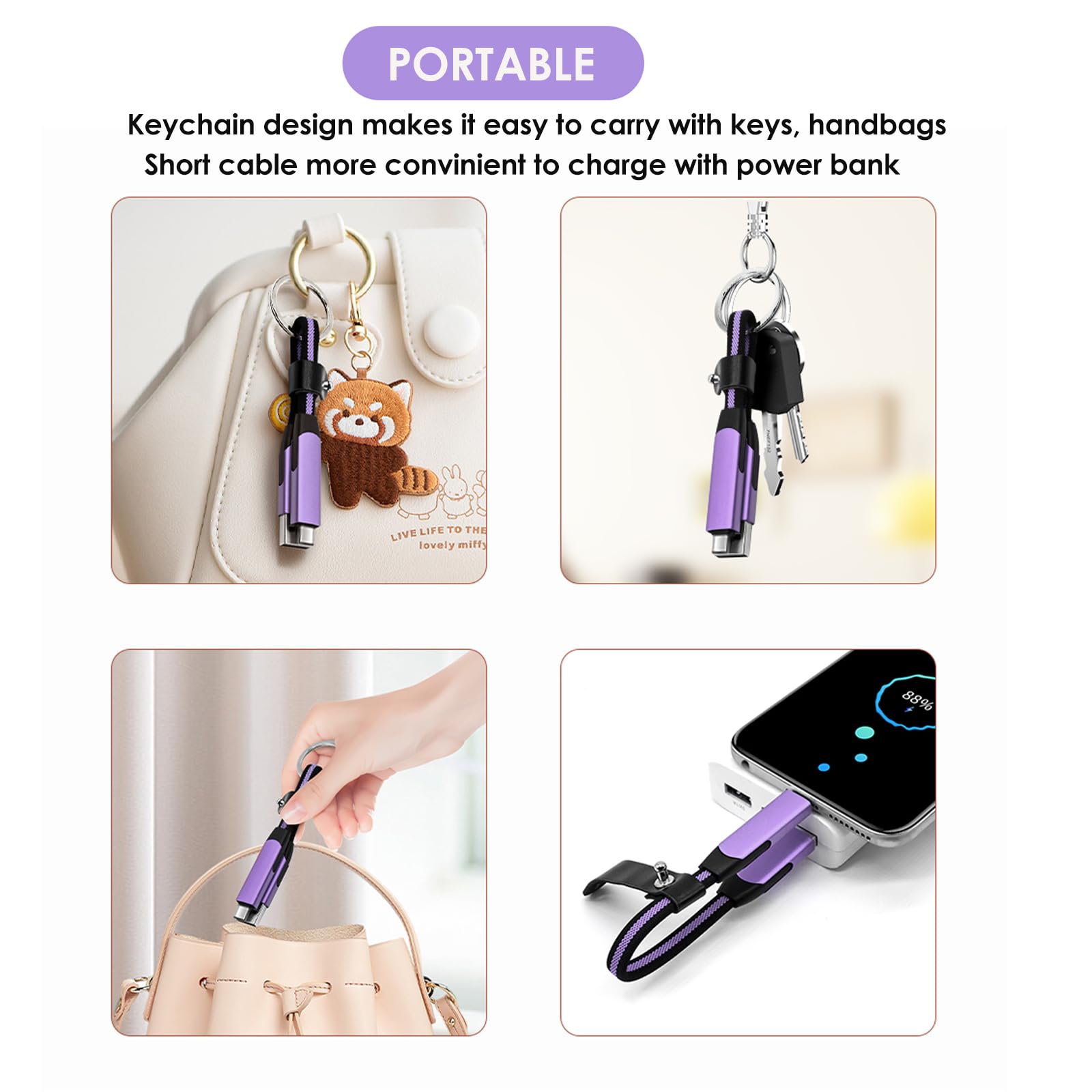Câble de charge multiple USB C court, PD 60 W 3 A, charge rapide, porte-clés USB C pour voyage, câble de charge universel pour téléphones portables et plus (bleu)