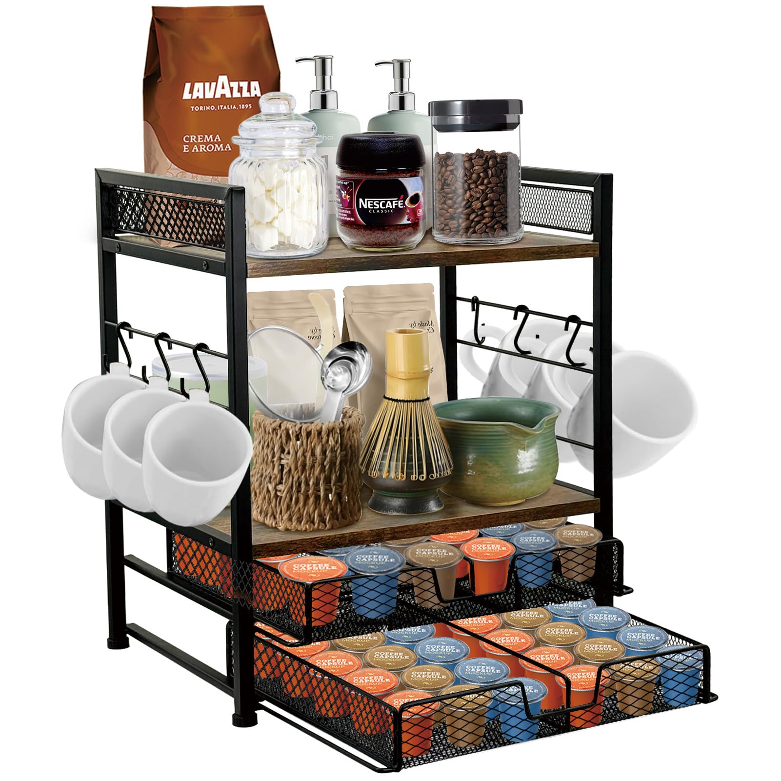 Organizador de estación de café para encimera, organizador de cápsulas de café de 2 niveles con capacidad para hasta 60 K, estación matcha, soporte para tazas con 6 ganchos, estante multifuncional