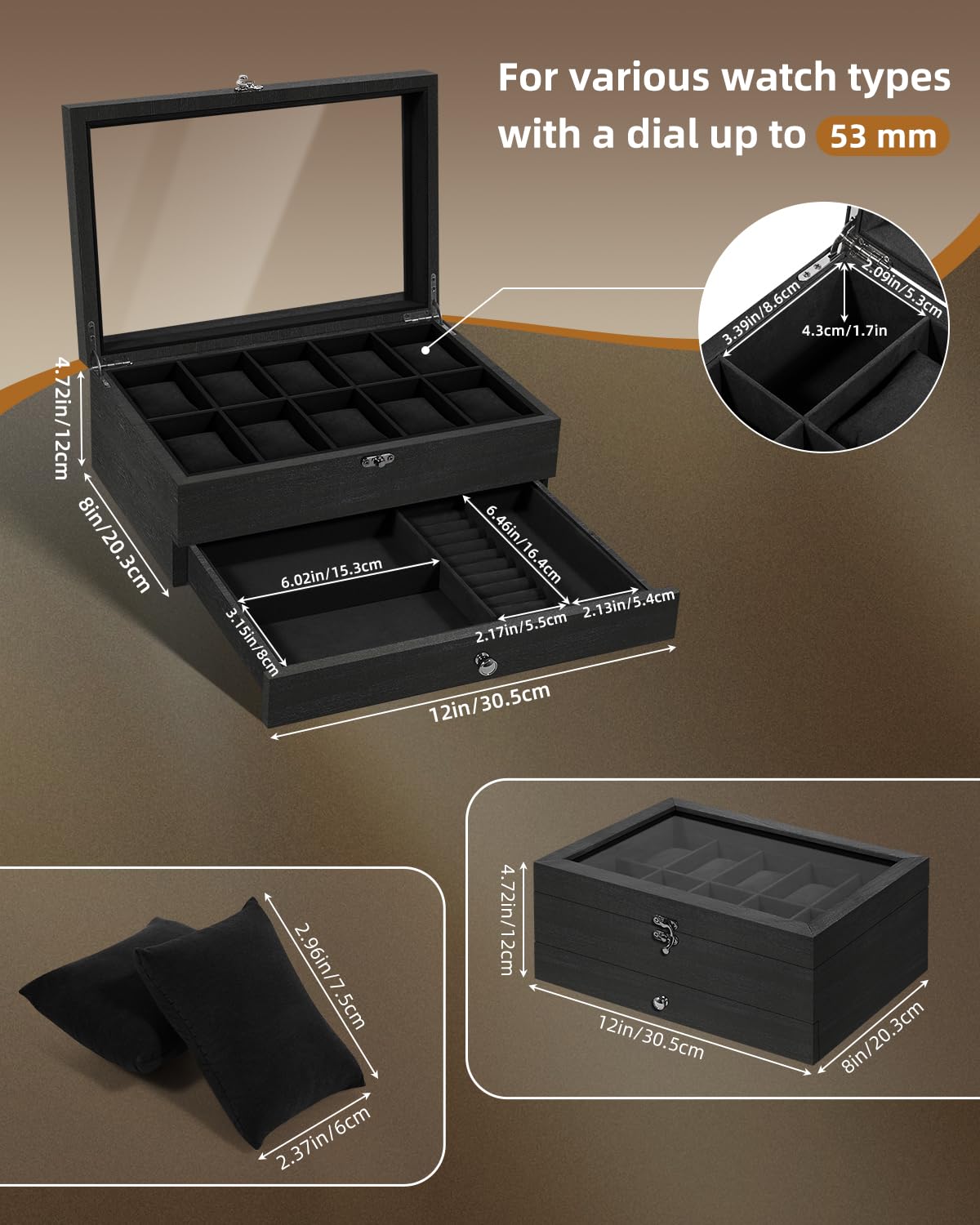 Uten Boîte à Montres 10 Compartiments, 2 Niveaux Coffret à Montres en Bois, Couvercle en Verre, Coffret de Rangement pour Montres, Coussinets Coton de Soie, Doublure Noire, Idée Cadeau